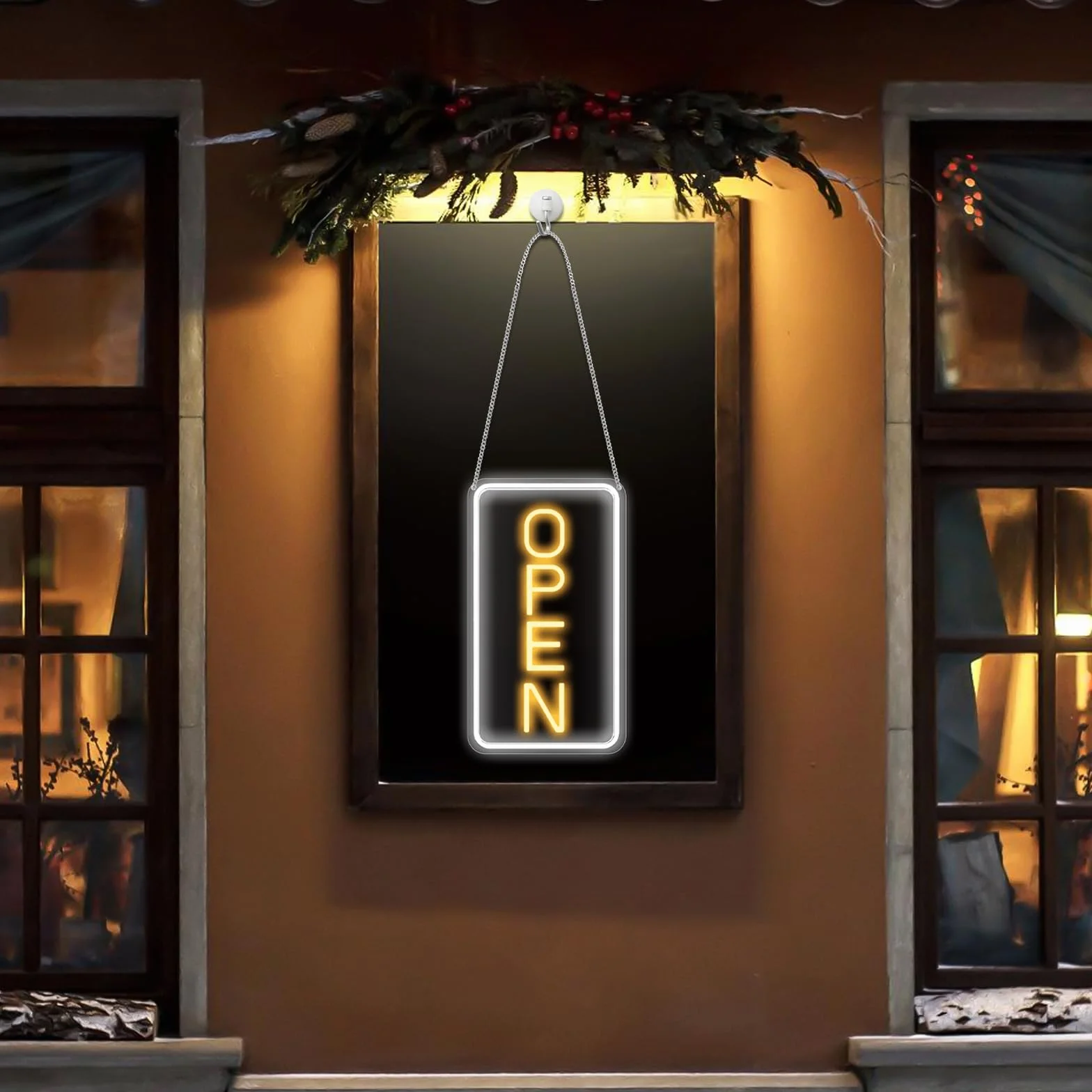Open Neonowy szyld LED z adapterem wł./wył. 12 V, regulowana jasność, otwarta tabliczka do sklepu, baru, salonu, sklepu i kawiarni, żółto-biała, szyld reklamowy LED, neonowy znak, 18 x 38 cm, pionowa
