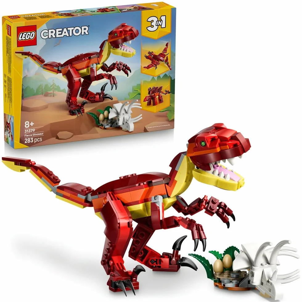 LEGO Creator 3 w 1 Groźny dinozaur, trzy opcje budowania: welociraptor, stegozaur lub pterozaur, zabawka konstrukcyjna dla chłopca i dziewczynki, prezent dla dzieci w wieku od 8 lat 31379