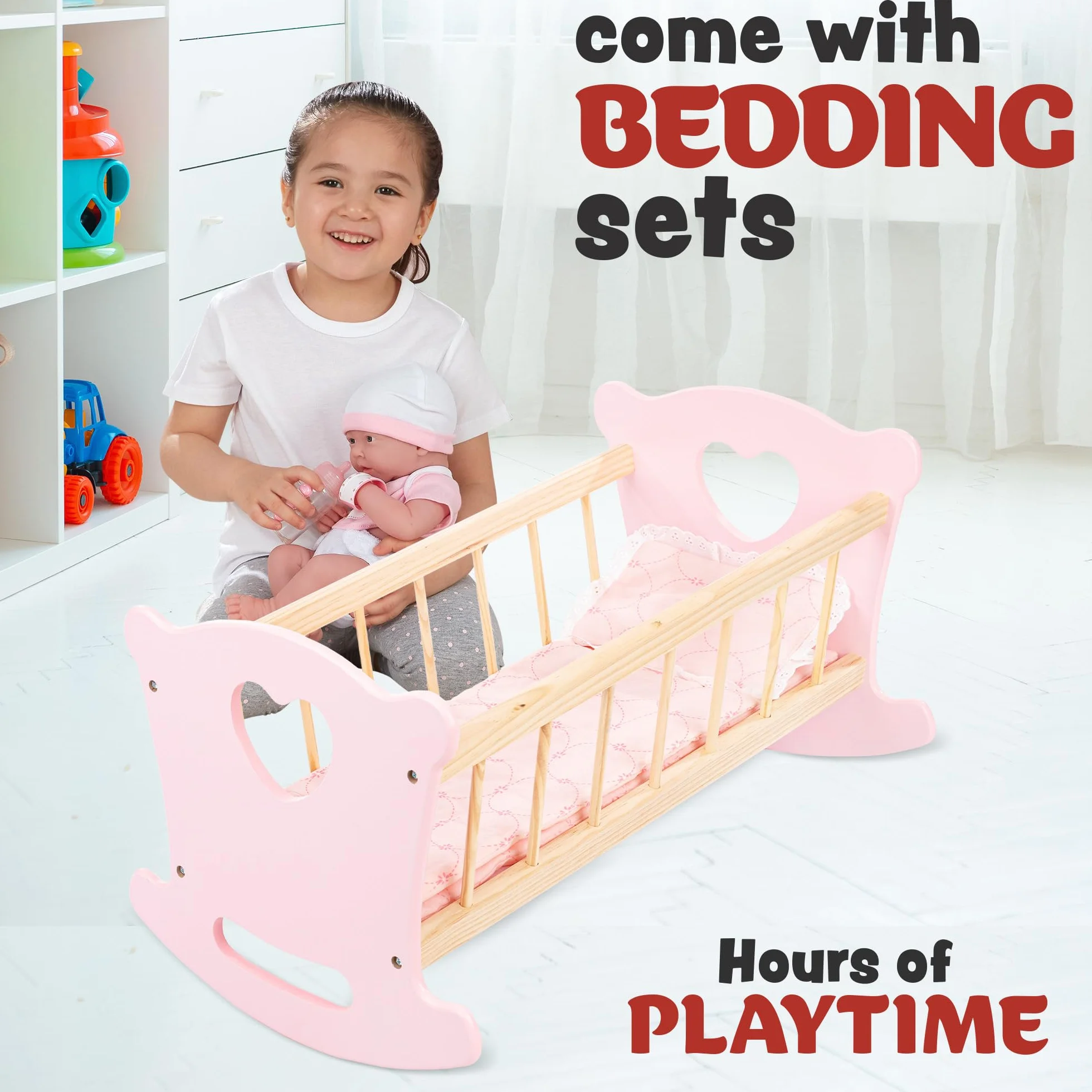 Kinderplay Łóżeczko dla Lalki, Kołyska dla lalki – Zestaw Kołyska plus Kołderka, Poduszeczka oraz Prześcieradło, dla laki o max. długości 49.5 cm., model GS2101