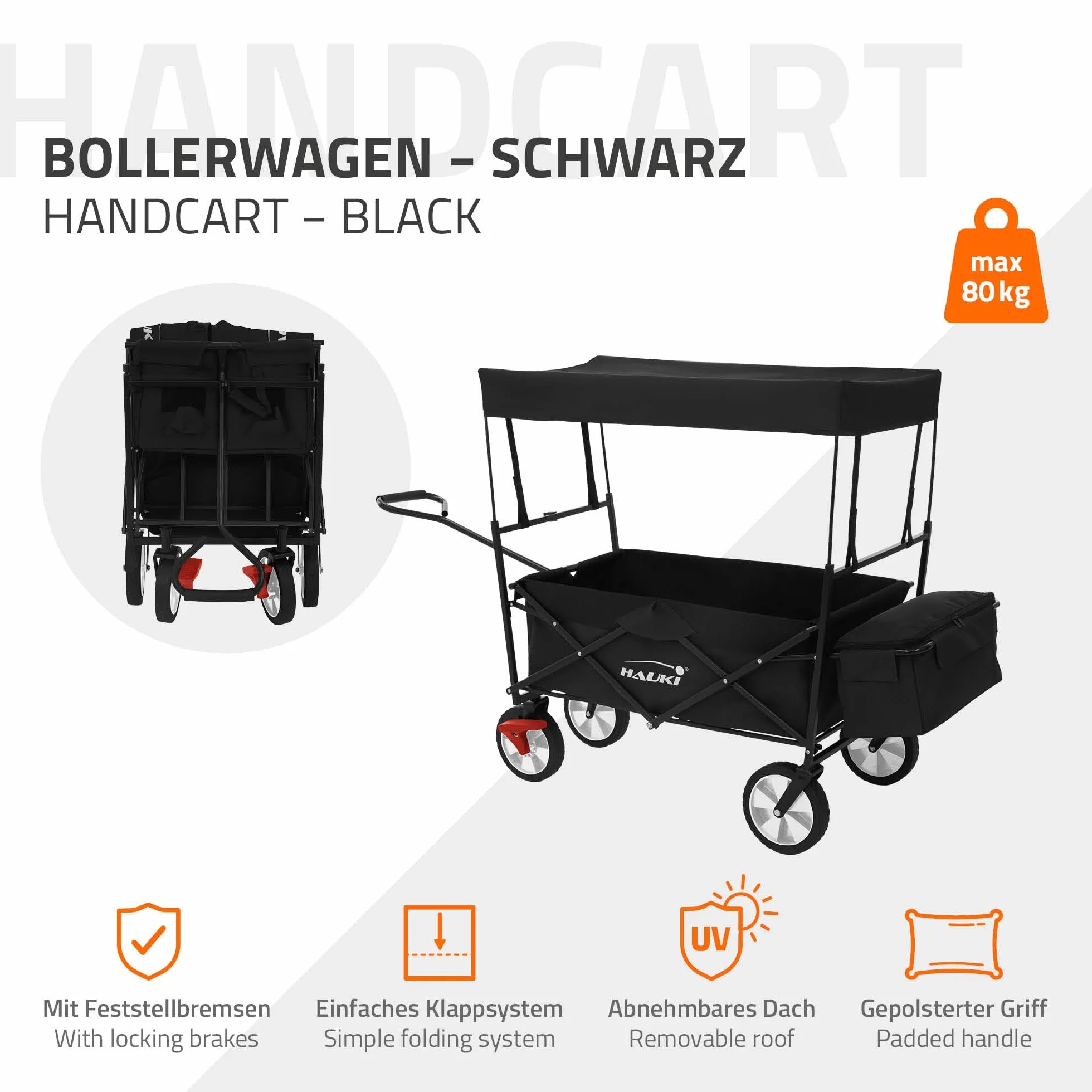 Hauki Wózek Reczny L Skladany z Dachem Czarny Wózek Transportowy dla Dzieci i Narzedzi Skladany z 2 Kieszeniami z Siatki i 1 Kieszenia Zewnetrzna z Hamulcem Przedniego Kola Maksymalny Udzwig do 80 kg