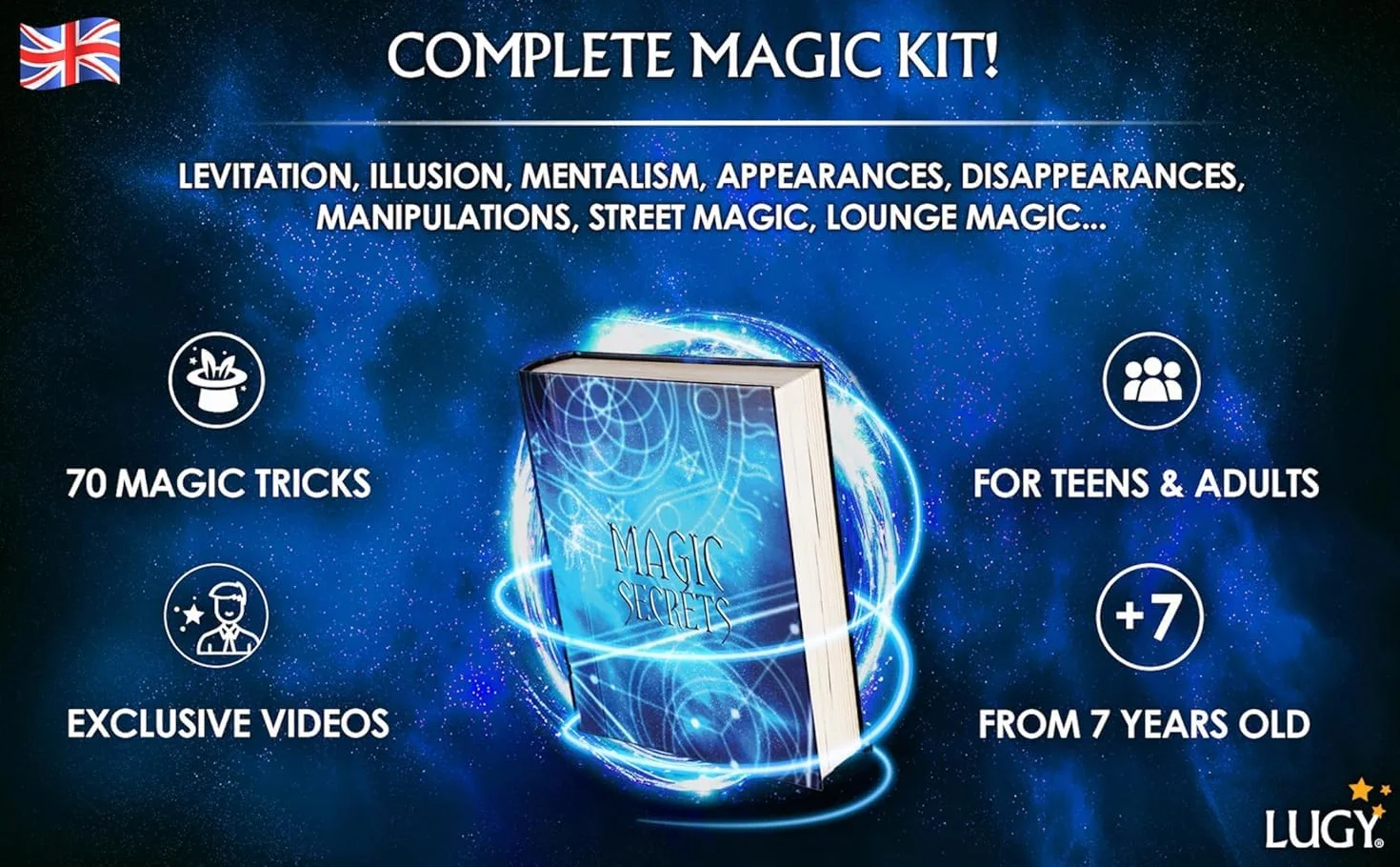 LUGY Magic Secrets-Luksusowy Zestaw Magiczny z pełnym wyposażeniem–Poziom średnio zaawansowany lub zaawansowany dla dzieci w wieku od 9 Lat i Dorosłych-Niesamowity Zestaw Sztuczek Magicznych z kartami