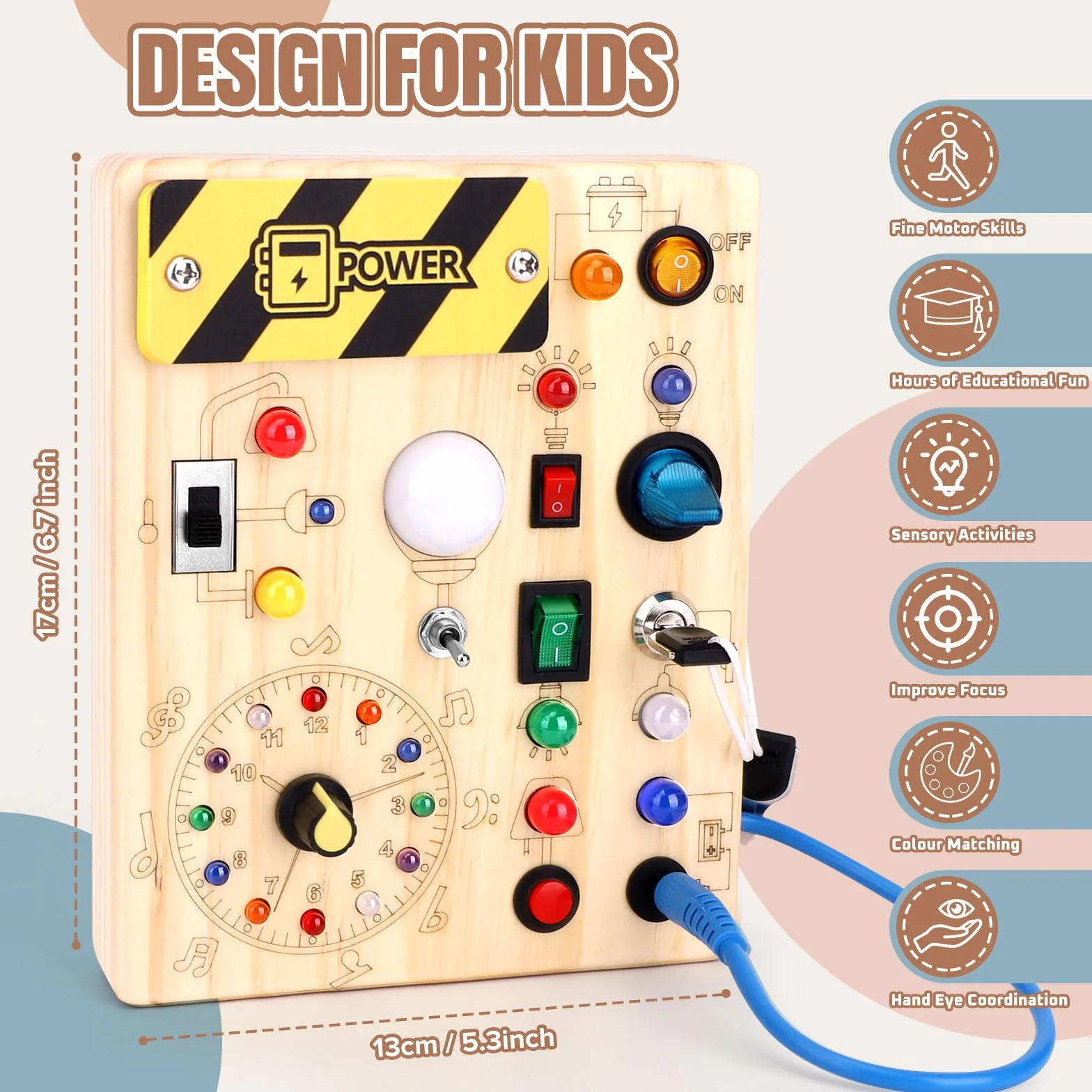 Busy Board Montessori zabawka od 1 roku życia, drewniana zabawka motoryczna, zabawka edukacyjna z 10 przełącznikami i 23 diodami LED dla małych dzieci, prezent dla chłopców i dziewczynek, 1, 2, 3 lata
