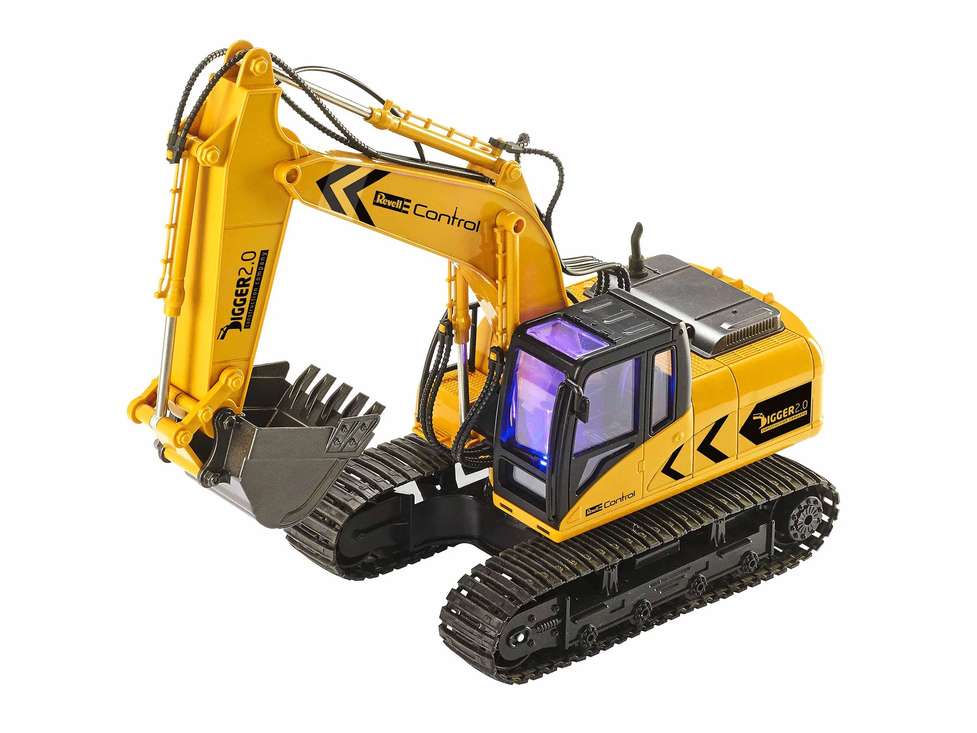 Revell Control 24924 RC koparka gąsienicowa Digger 2.0, napęd łańcuchowy, wymienna szufla i chwytak do drzew, nadaje się do użytku na zewnątrz, zdalnie sterowana koparka z akumulatorem, 2,4 GHz, żółta