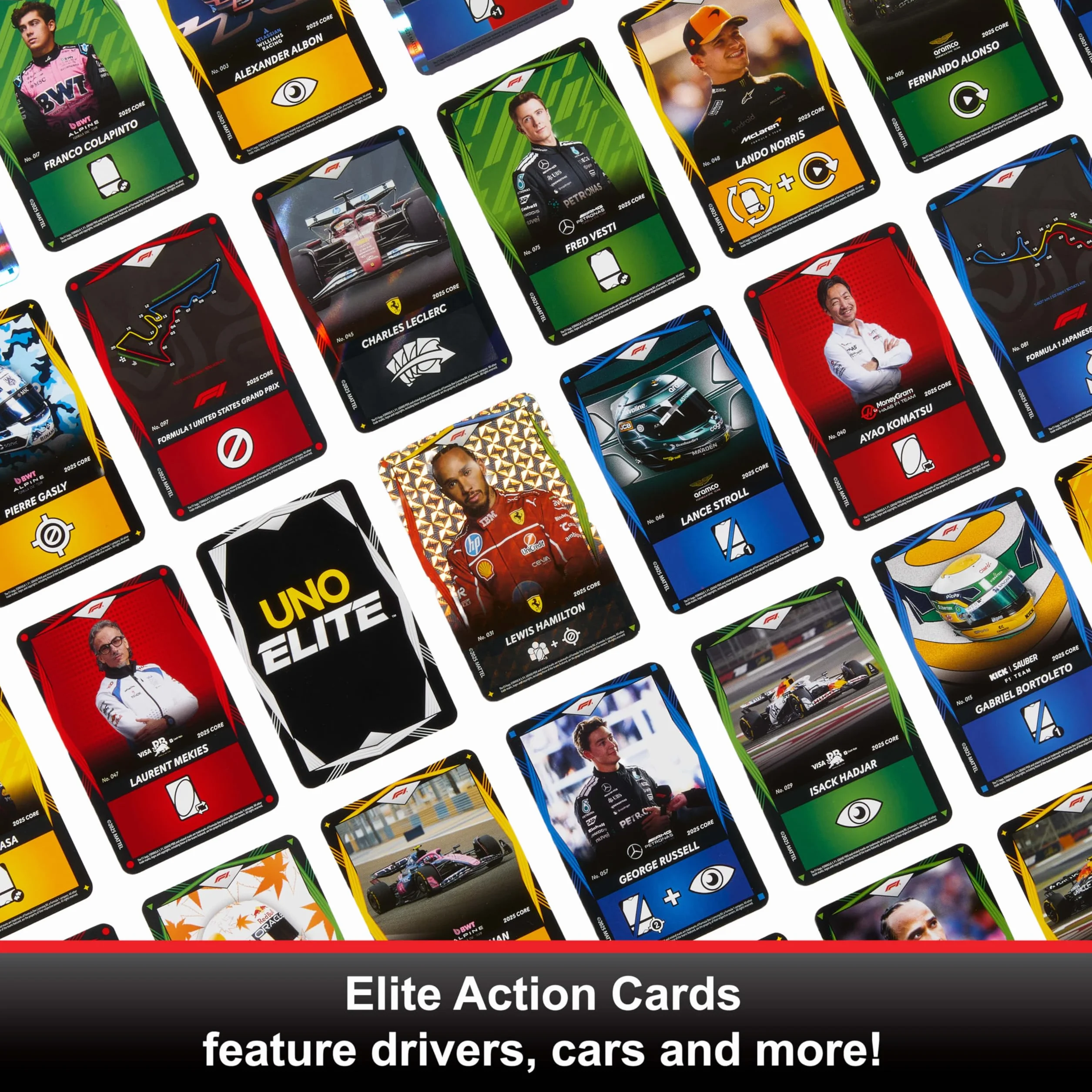Mattel UNO Elite Formuła 1 2025 Edycja podstawowa Starter Pack Zestaw startowy; gra karciana, 4 Booster Packi i 2 karty Promo, towarzyska i rodzinna gra dla fanów i dzieci 7+, JLV42