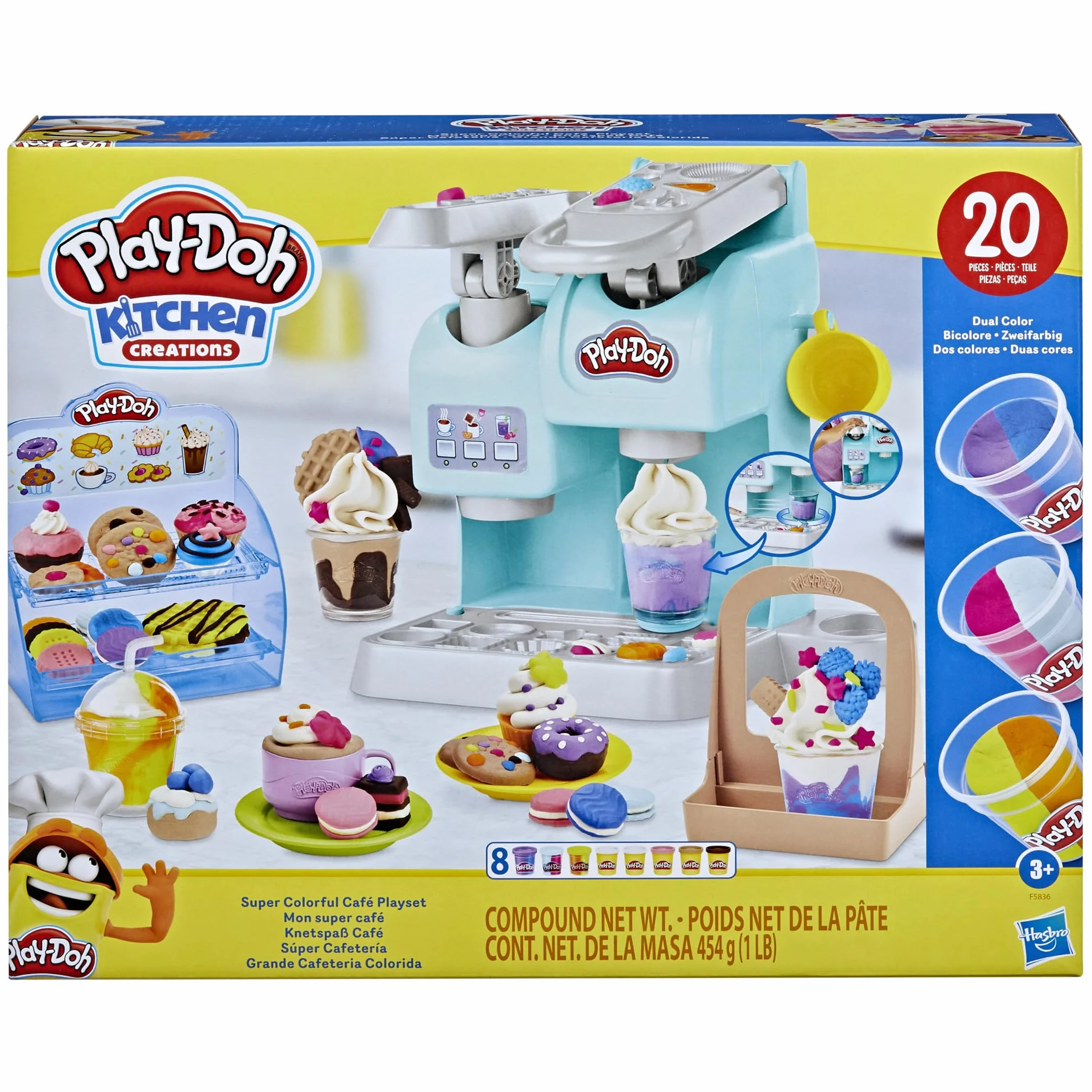 Play-Doh Kitchen Creations Superkolorowa kawiarnia | Zabawka dla dzieci ze sztucznym jedzeniem i kawą | 20 akcesoriów 8 tubek z ciastoliną po 56 g | Pomysł na prezent dla 3-latka i dla przedszkolaka