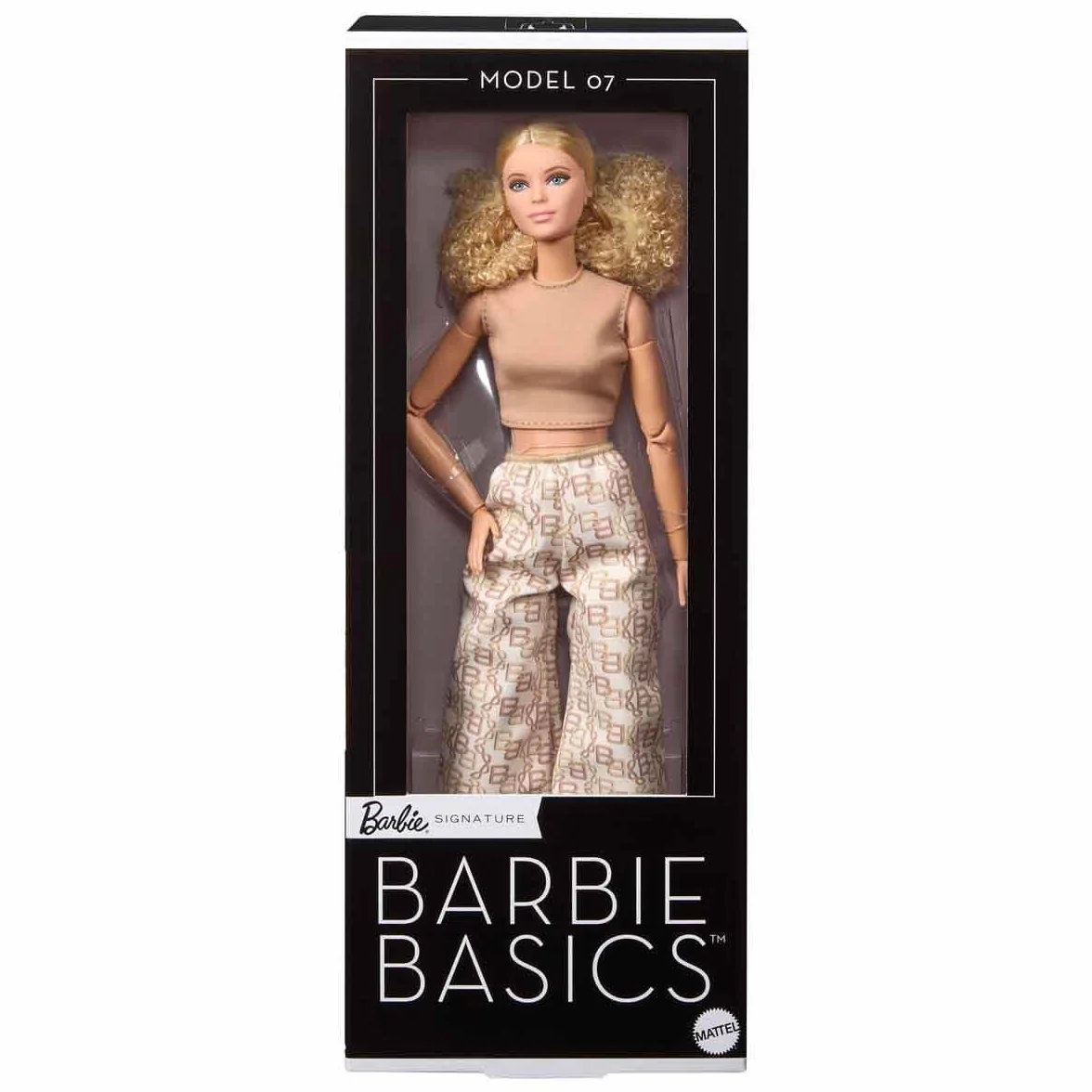 Barbie Basics Model 07 Kolekcjonerska lalka modowa blondynka, białe spodnie ze złotym nadrukiem Zabawka 6+ JJX26