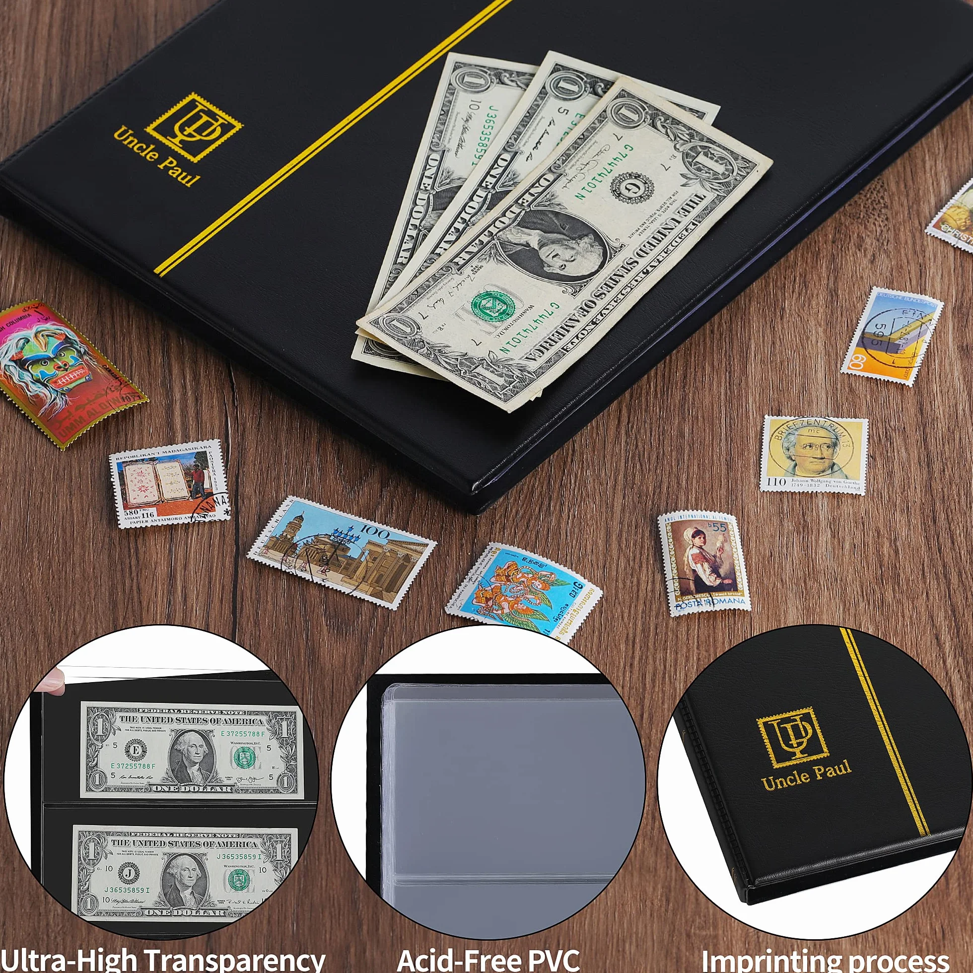 Album na pieniądze z 60 kieszeniami – 19,6 cm x 8,1 cm uchwyt na banknoty ze sztucznej skóry twarda okładka książka do przechowywania z ochronnym etui na papier składany pieniądze dolary banknoty