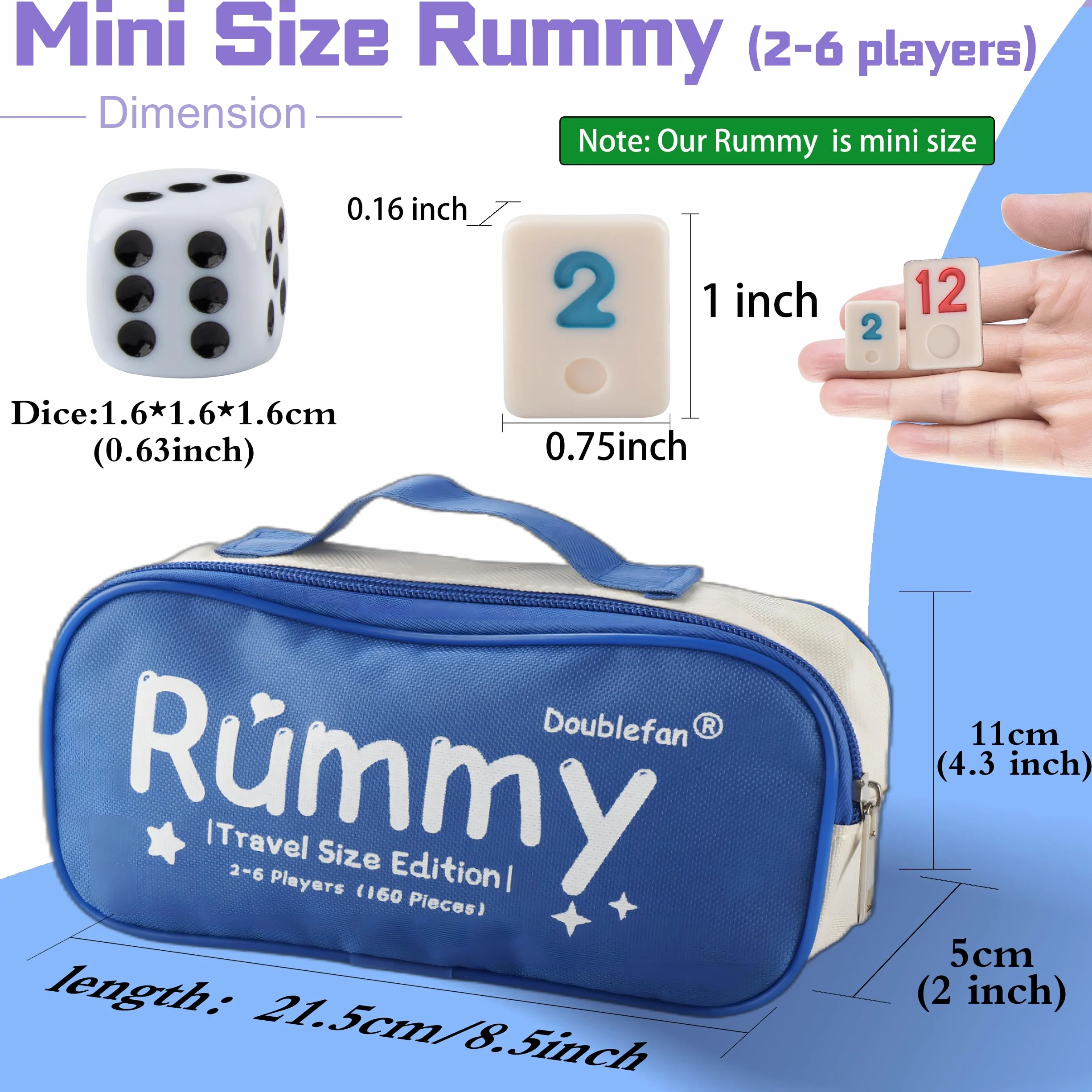 Doublefan Mini zestaw rummy, gra w podróży z wytrzymałą torbą z płótna żaglowego, klasyczna gra dla dorosłych i dzieci, 160 kamieni, 6 stojaków do zabawy, 1 kostka (2-6 graczy)