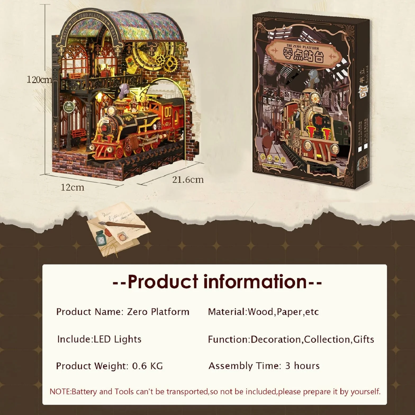 Drewniany zestaw kącika książek 3D puzzle podpórka na książki z LED miniaturowy domek steampunk