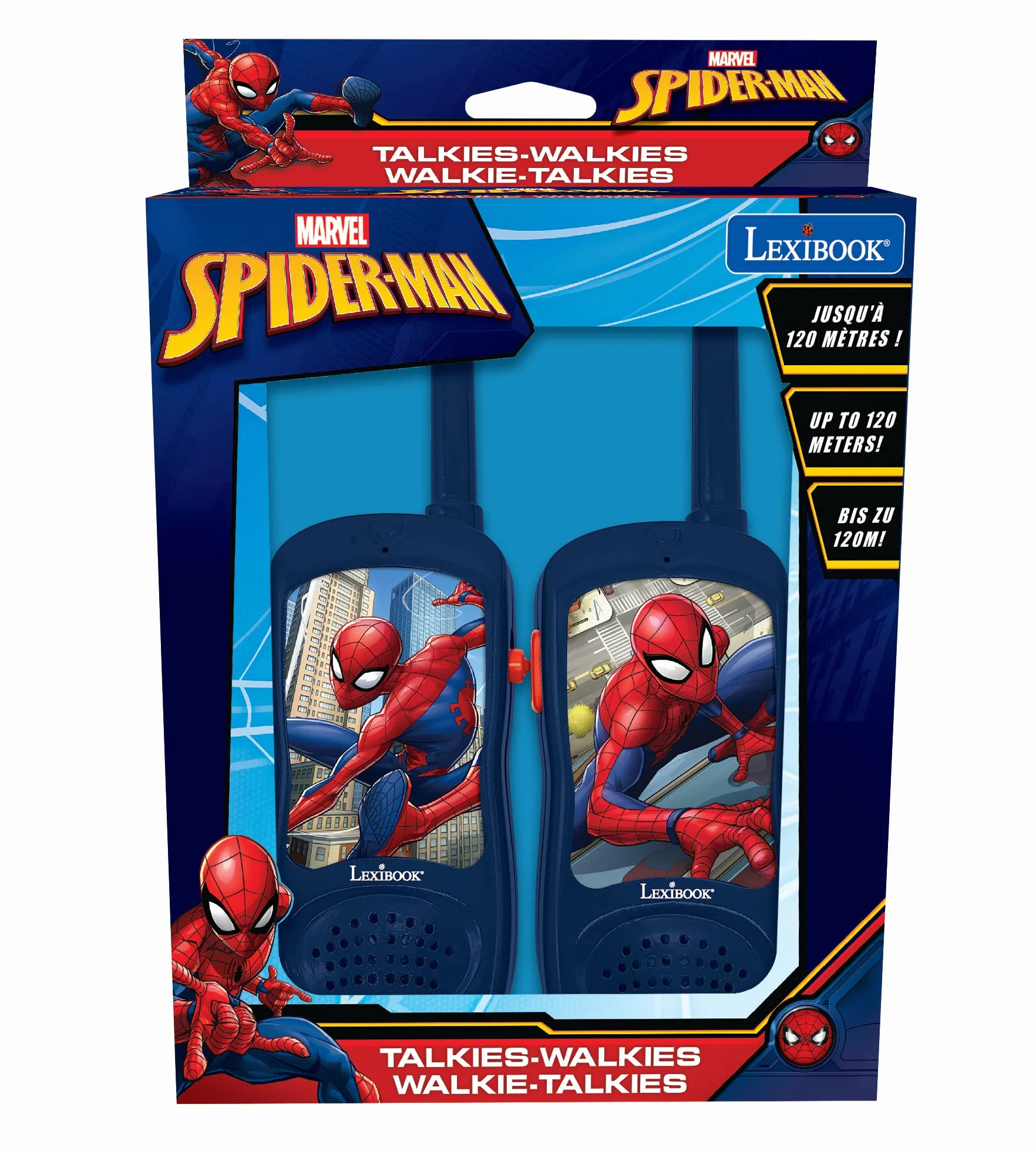 Lexibook Spiderman, Walkie Talkies, Gra Komunikacyjna dla Dzieci, Klips do Paska, Zasilany Bateryjnie, Czerwono-Niebieski, TW11SP, Jeden Rozmiar dla Wszystkich, Różne Modele