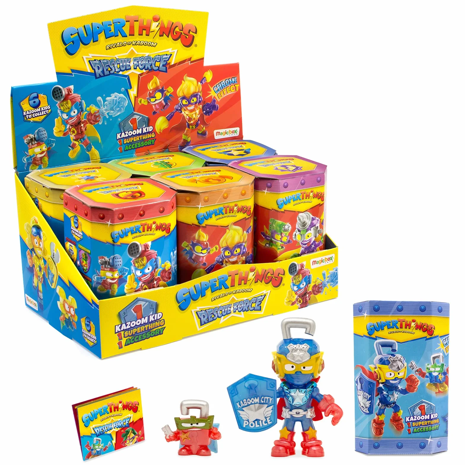 SUPERTHINGS Rescue Force – Pełna kolekcja Kazoom Kids z serii Rescue Force. Każde pudełko zawiera 1 Kazoom Kida, 1 figurkę SuperThinga i 1 akcesorium bojowe