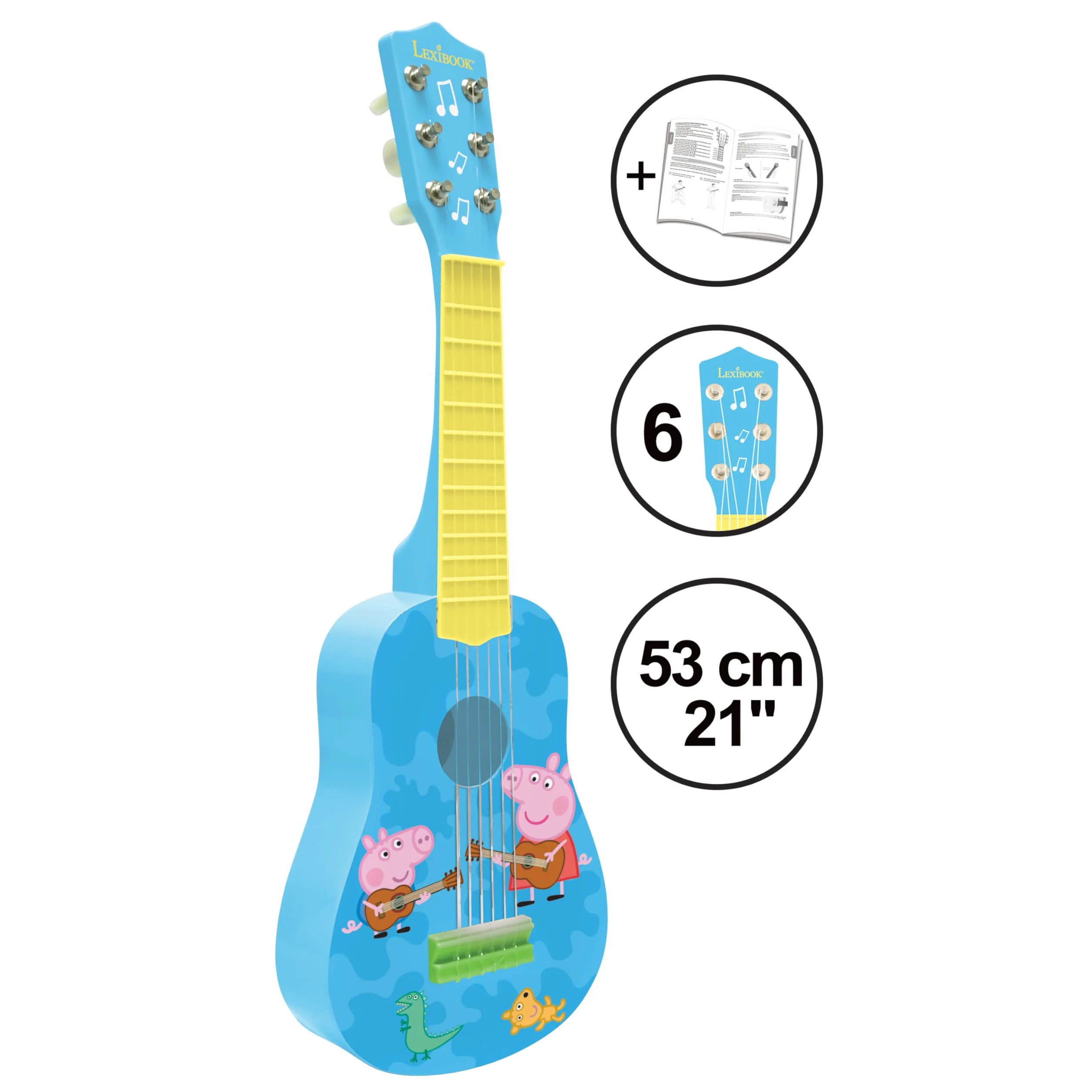 Lexibook Peppa Pig Georges My First Guitare, 6 Strun Nylonowych, 53 cm, Przewodnik w Zestawie, Niebieski, Żółty, K200PP, 53 cm