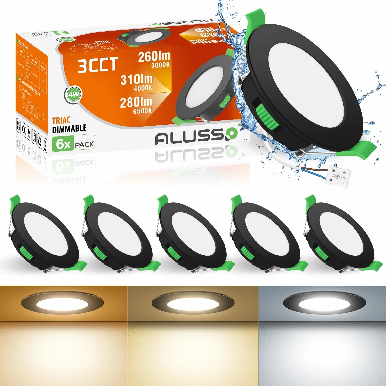 ALUSSO Reflektor Wpuszczany LED 230V, 4W 310LM Reflektor Łazienkowy, IP44 Oprawy Wpuszczane Ciepła Biel 3000K Neutralna Biel 4000K Zimna Biel 6500K Regulowane, Do Łazienki, Czarny, 6 Sztuk