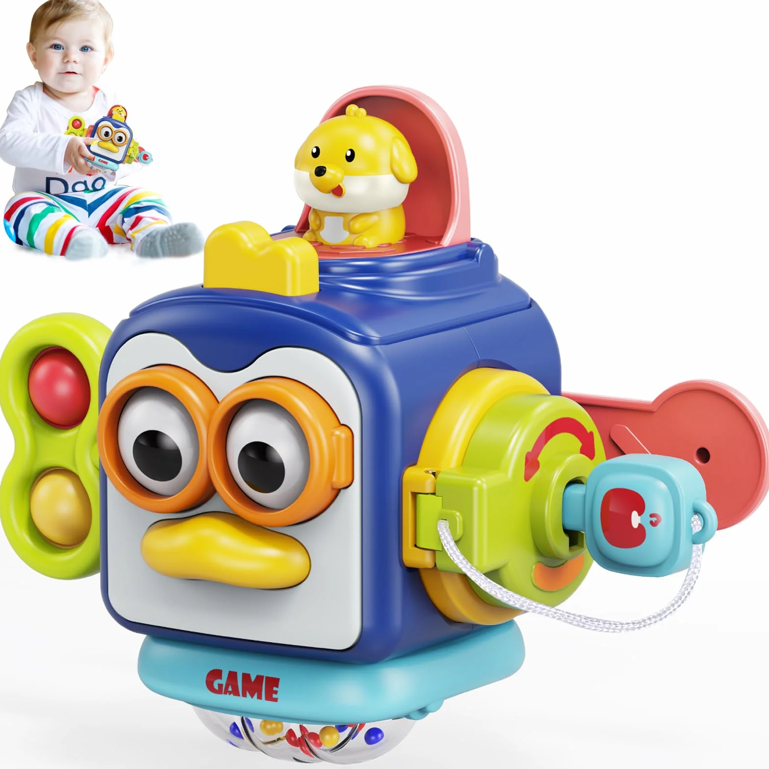 MOONTOY Sensoryczne zabawki Montessori dla rocznego chłopca, prezenty na 1. urodziny, dla małych dzieci w wieku 1-3 lat, zajęta kostka planszowa 6, 7, 8, 9, 10, 12 miesięcy, zabawki dla niemowląt w