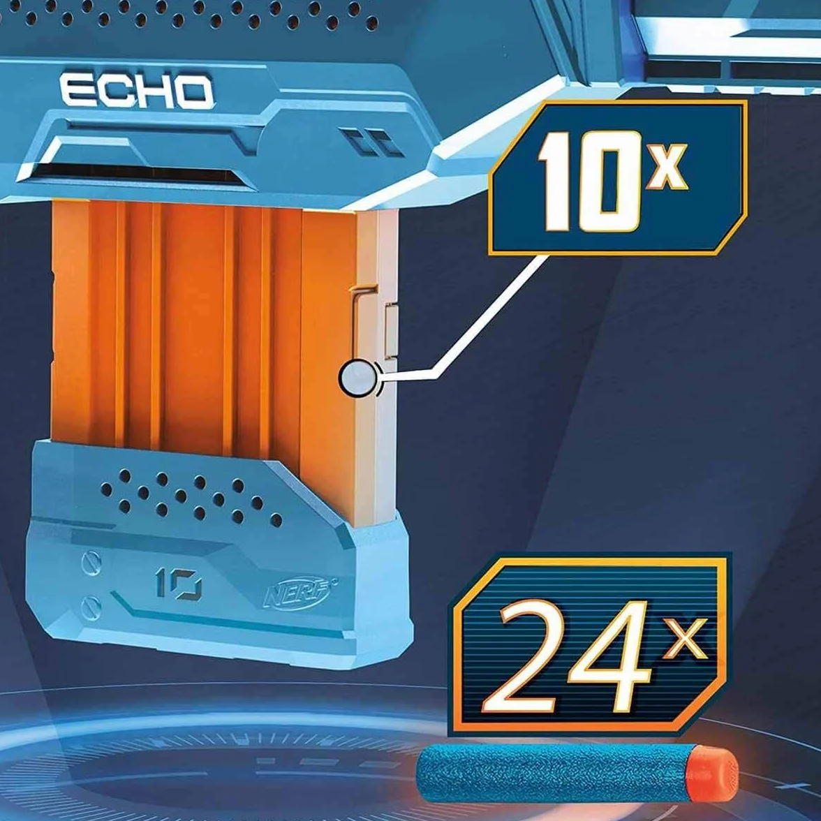 Wyrzutnia Nerf Elite 2.0 Echo CS-10-24 oryginalne strzałki Nerf, 10-strzałkowy magazynek, zdejmowana kolba, przedłużenie lufy, 4 szyny na akcesoria.