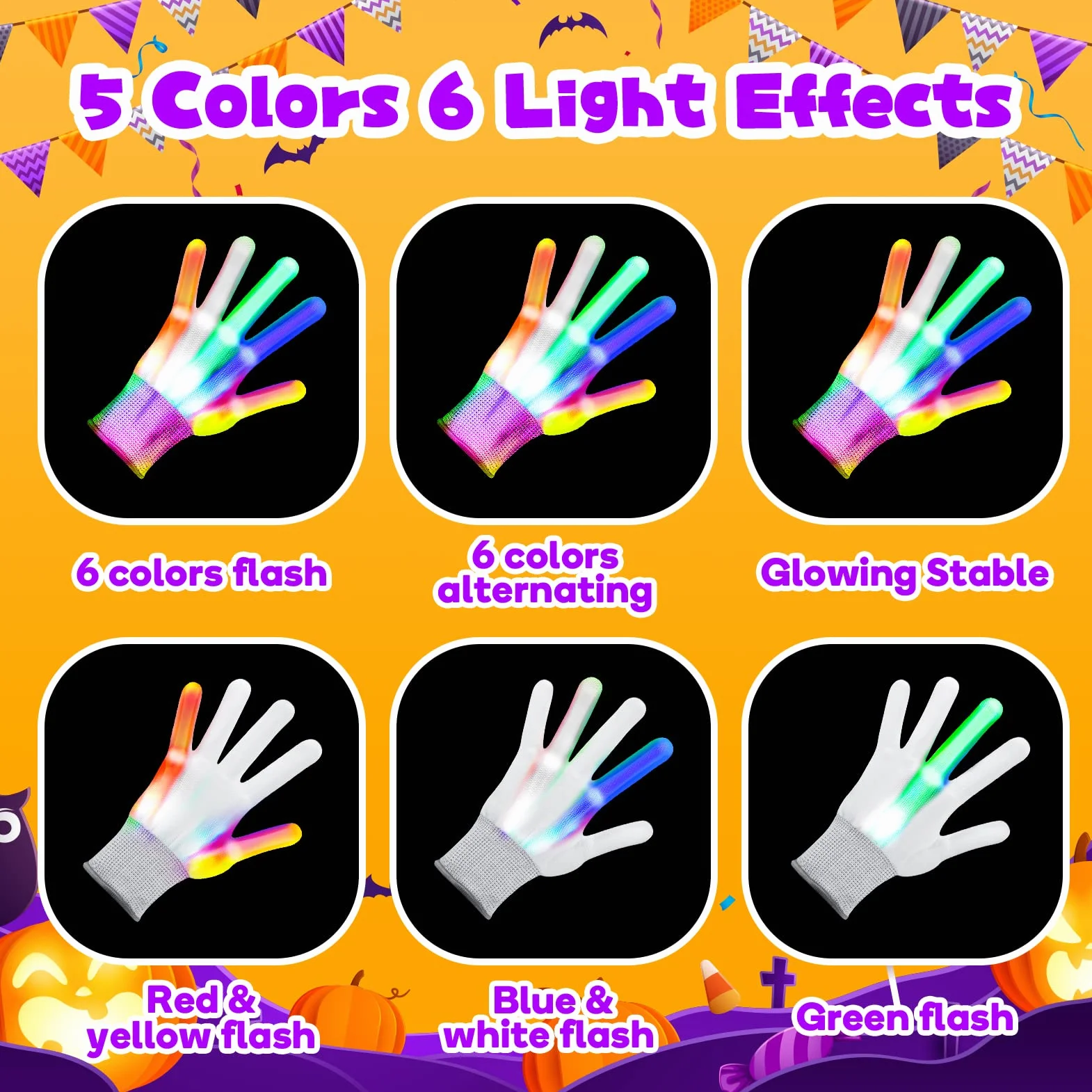 EUCOCO Blitz rękawiczki LED fajne rzeczy dla dzieci, 5 kolorów / 6 trybów pracy, idealne na imprezę, Halloween, Boże Narodzenie
