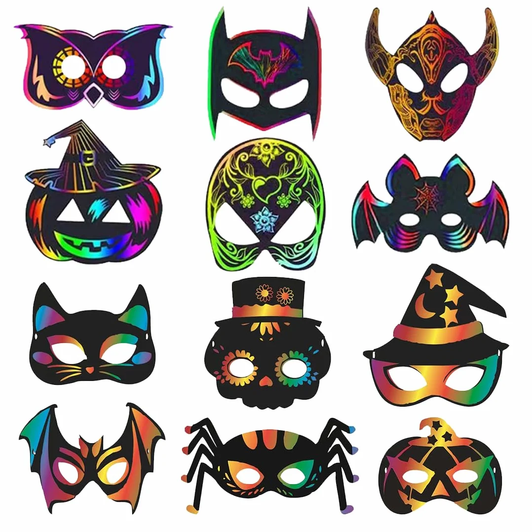 Wishstar 24 sztuki obrazków do zdrapywania na Halloween, maseczki do zdrapywania dla dzieci, maski na Halloween, zestaw do majsterkowania DIY z elastycznymi sznurkami i drewnianymi rylcami, dekoracja