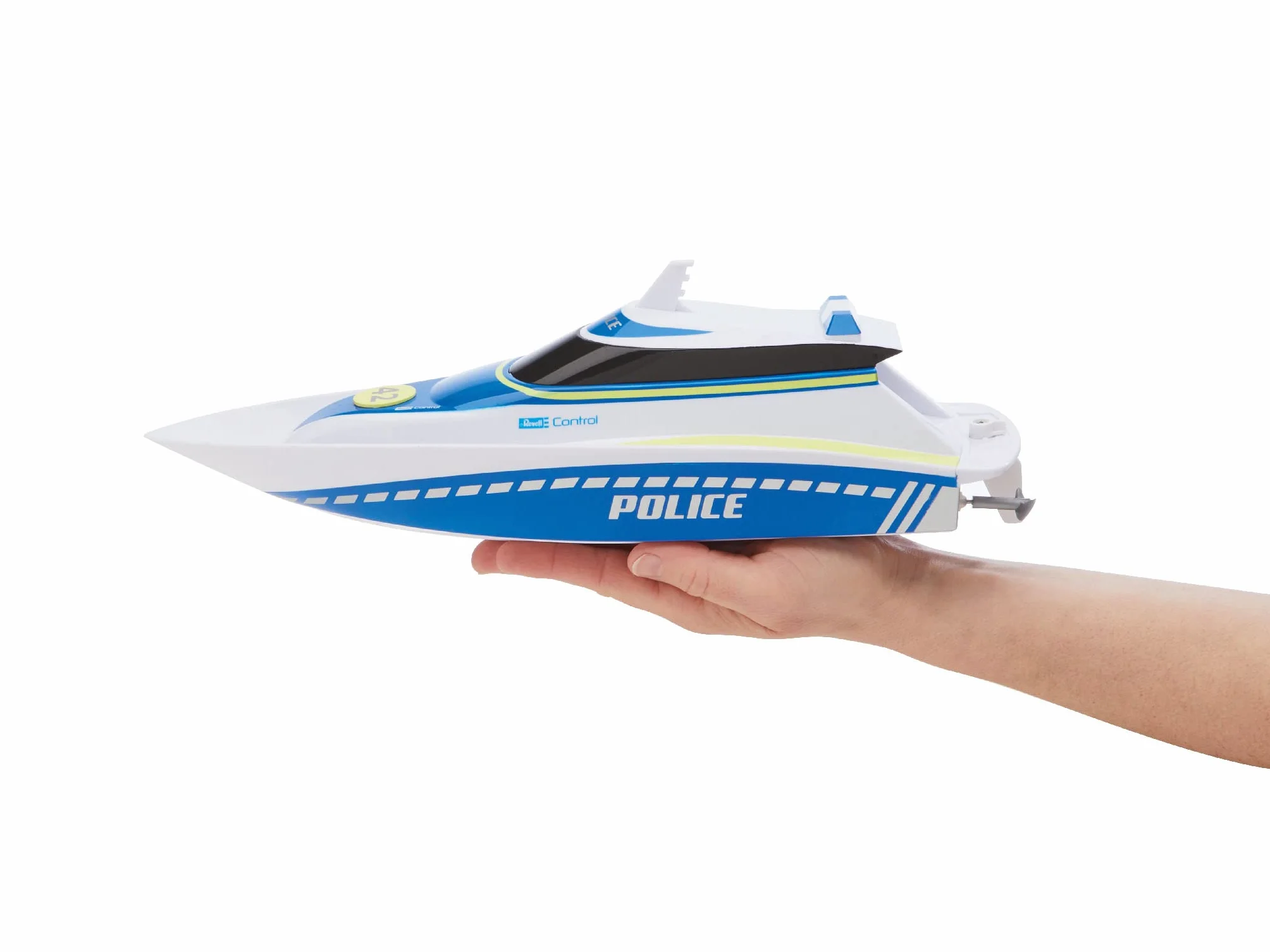 Revell Sterowanie 24138 Łódź policyjna I Zdalnie sterowana łódź RC I dla dzieci i dorosłych od 8 lat I Z akumulatorem litowo-jonowym na godziny działania I Z ergonomicznym pilotem pistoletowym I 2,4 GHz