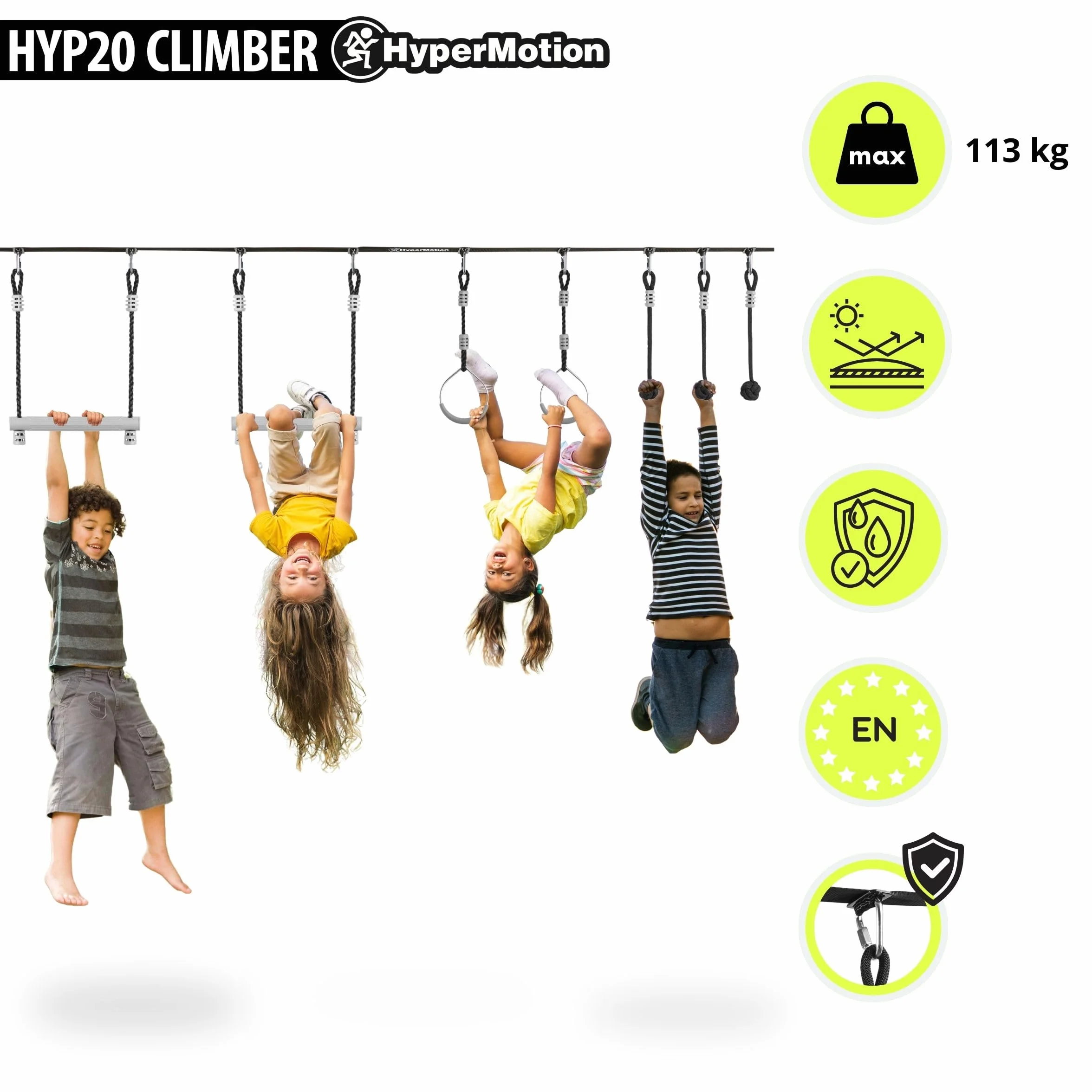 HyperMotion Tor Przeszkód Ninja Dla Dzieci Zestaw Slackline – 7 Przeszkód Z Kółkami Małpimi Pięściami I Drążkami – Udźwig Do 113 kg – Do Ogrodu – Outdoor Zabawa Ruchowa Dla Dzieci I Młodzieży