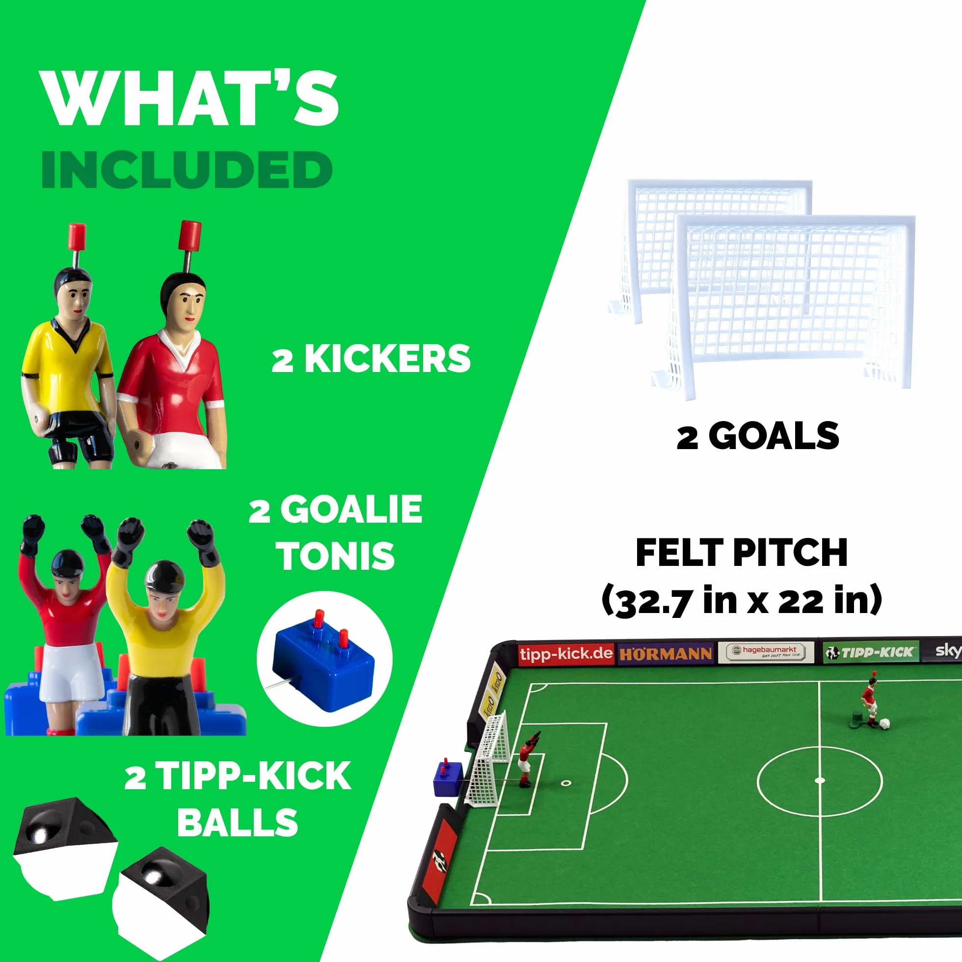 TIPP-KICK Puchar Juniora z deską 80 x 56 cm – zestaw gotowy do gry z 2 graczami, 2 x bramkarzem, 2 x plastikowa bramka, 2 x piłka I filcowe boisko do gry