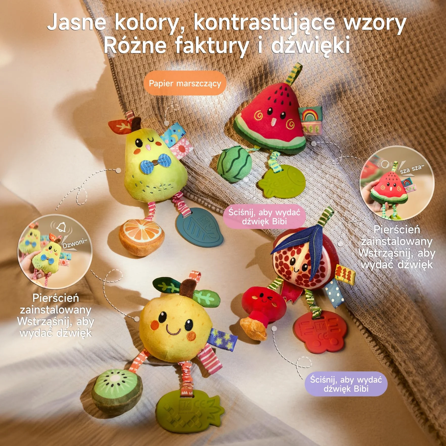 TUMAMA Wisząca grzechotka dla niemowląt, 0-3, 6-9 miesięcy, sensoryczne zabawki edukacyjne dla noworodka, z piszczącym dźwiękiem i gryzakiem, pluszowe, cytrynowe grzechotki, do fotelika samochodowego