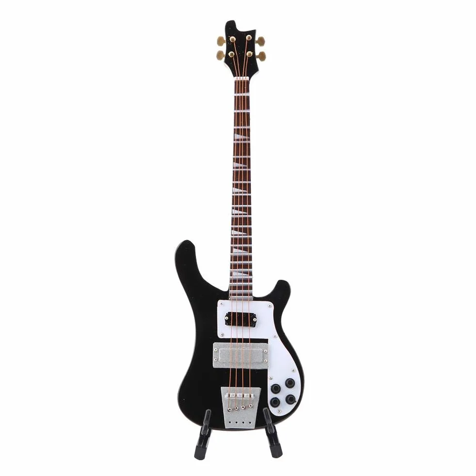 Instrument gitarowy, czarna miniaturowa replika gitary basowej ze stojakiem i etui instrument model ozdoby