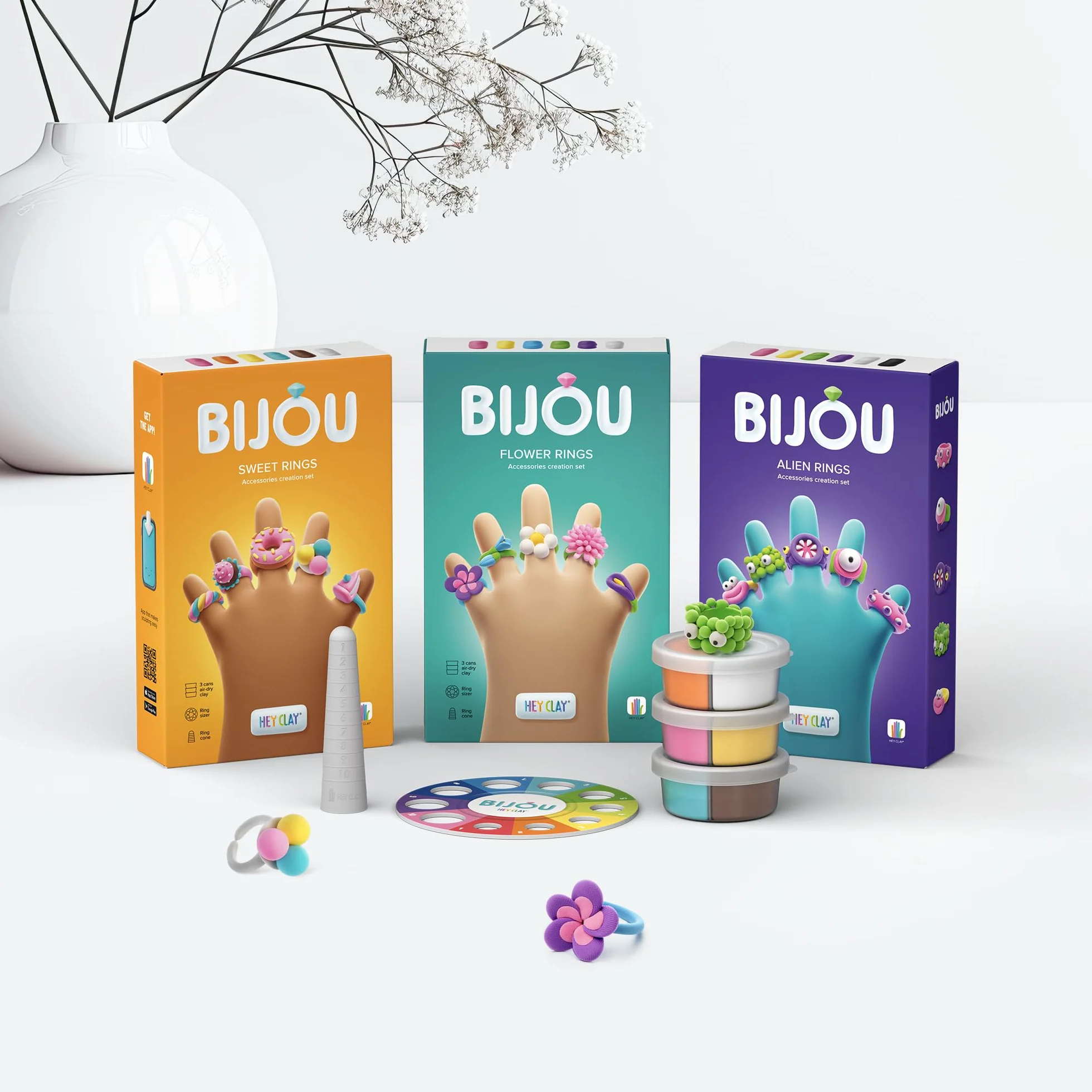 HEY CLAY Bijou Rings - Zestaw glinianych akcesoriów do majsterkowania - Glina suszona na powietrzu z narzędziami i interaktywną aplikacją dla dzieci w wieku 4-8 lat (floral nels)