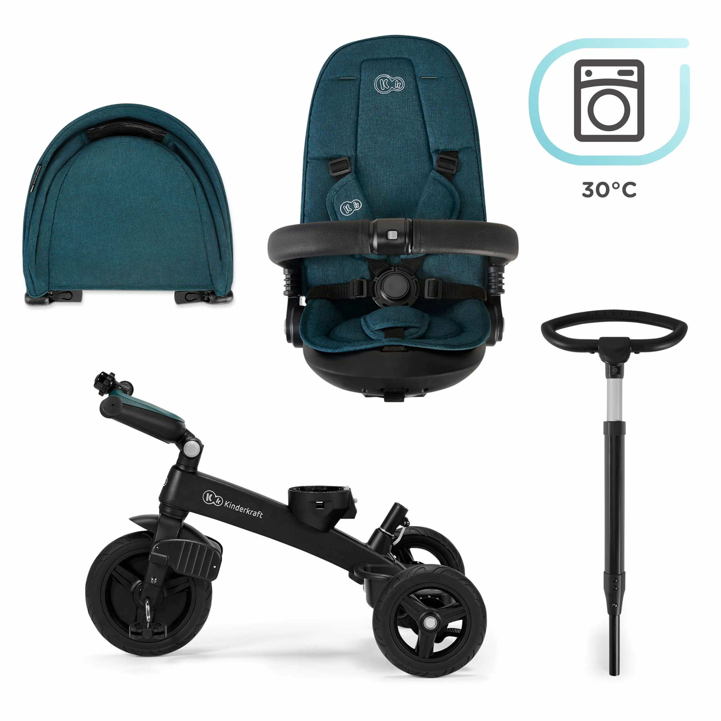 Kinderkraft Rowerek trójkołowy 5w1 TWIPPER, Trójkołowiec, Obrotowe siedzisko 360°, Wolne koło, Daszek przeciwsłoneczny, Akcesoria, Dzwonek, Uchwyt na kubek, od 6 Miesięcy do 5 lat, Różowy