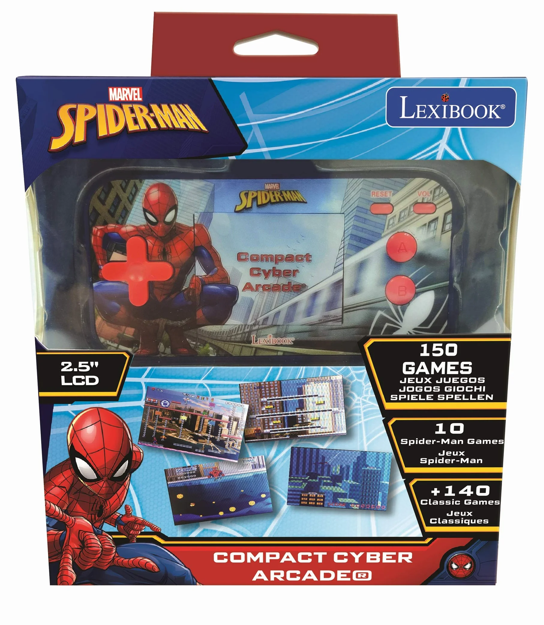Lexibook JL2367SP Spider-Man Marvel Peter Parker Compact Cyber Arcade, Przenośna Konsola, 150 Gier, Kolorowy Ekran LCD, Zasilanie Bateryjne, Niebieska, Czarna