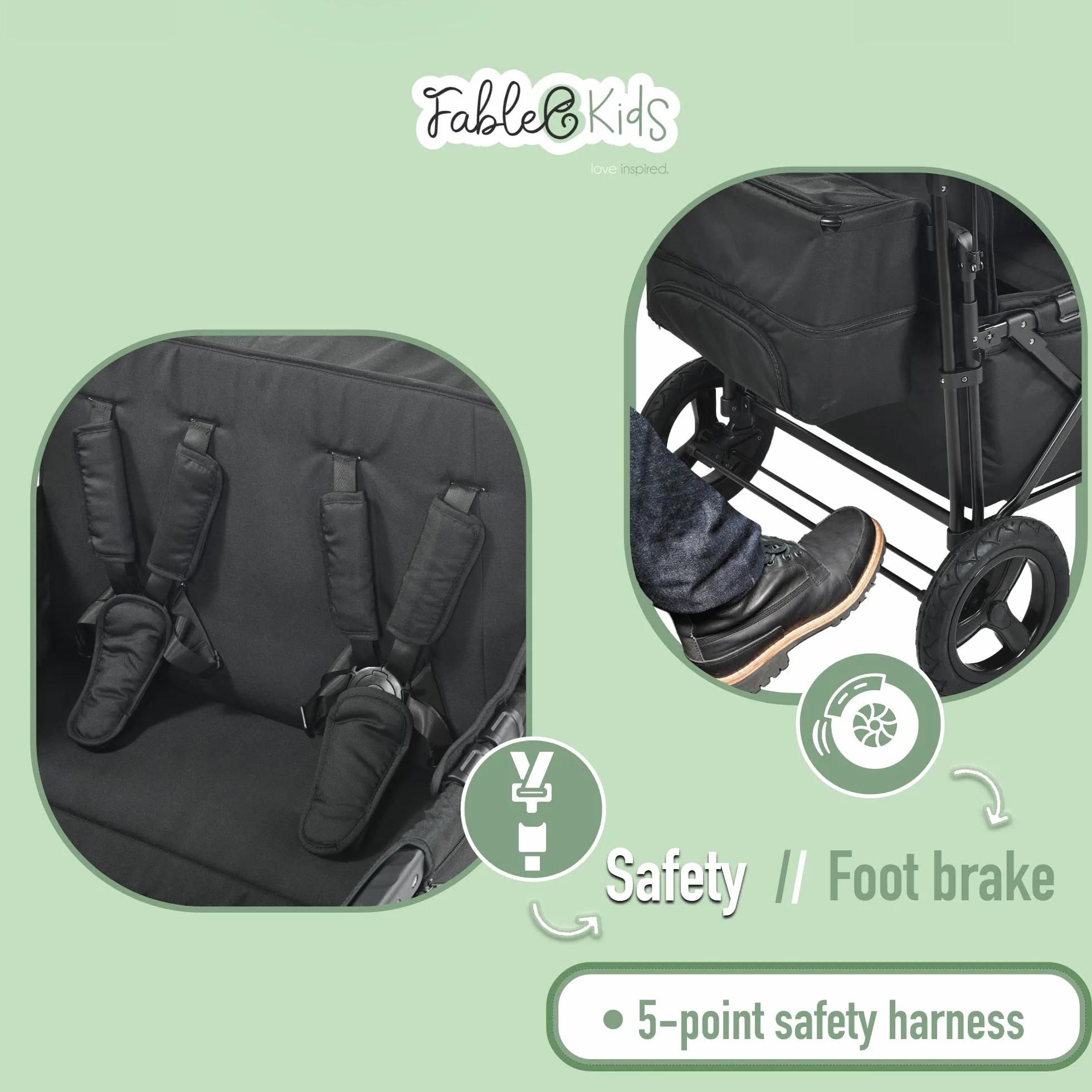 FableKids Leo X4 Plus Wózek na kółkach z dachem | Składany wózek transportowy | Uprząż 4X 5-punktowa | Koła terenowe 360° | Hamulec nożny | Oksford 600D | Siatki wentylacyjne | Czarny onyks