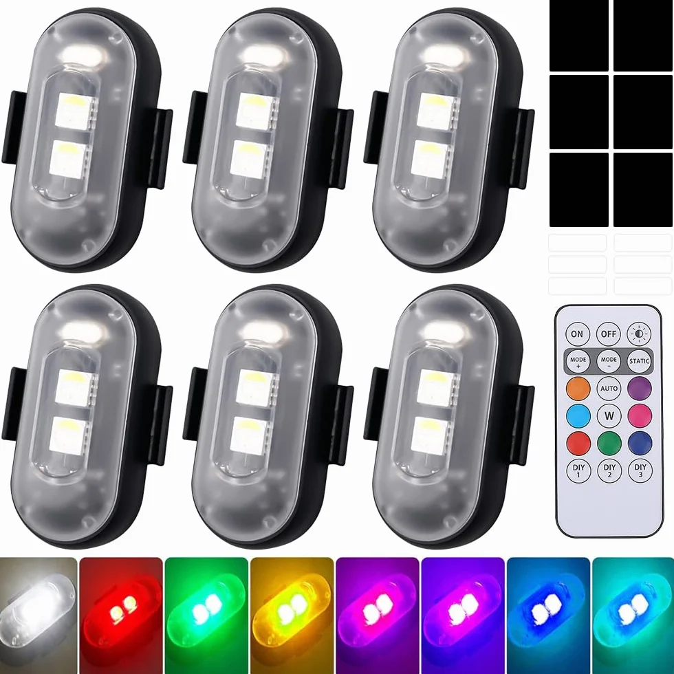 Bezprzewodowe światła LED, 6 sztuk, 8 kolorów, stroboskop, wodoszczelne, pilot zdalnego sterowania, lampa błyskowa z pilotem zdalnego sterowania, ładowanie przez USB, światła antykolizyjne, LED