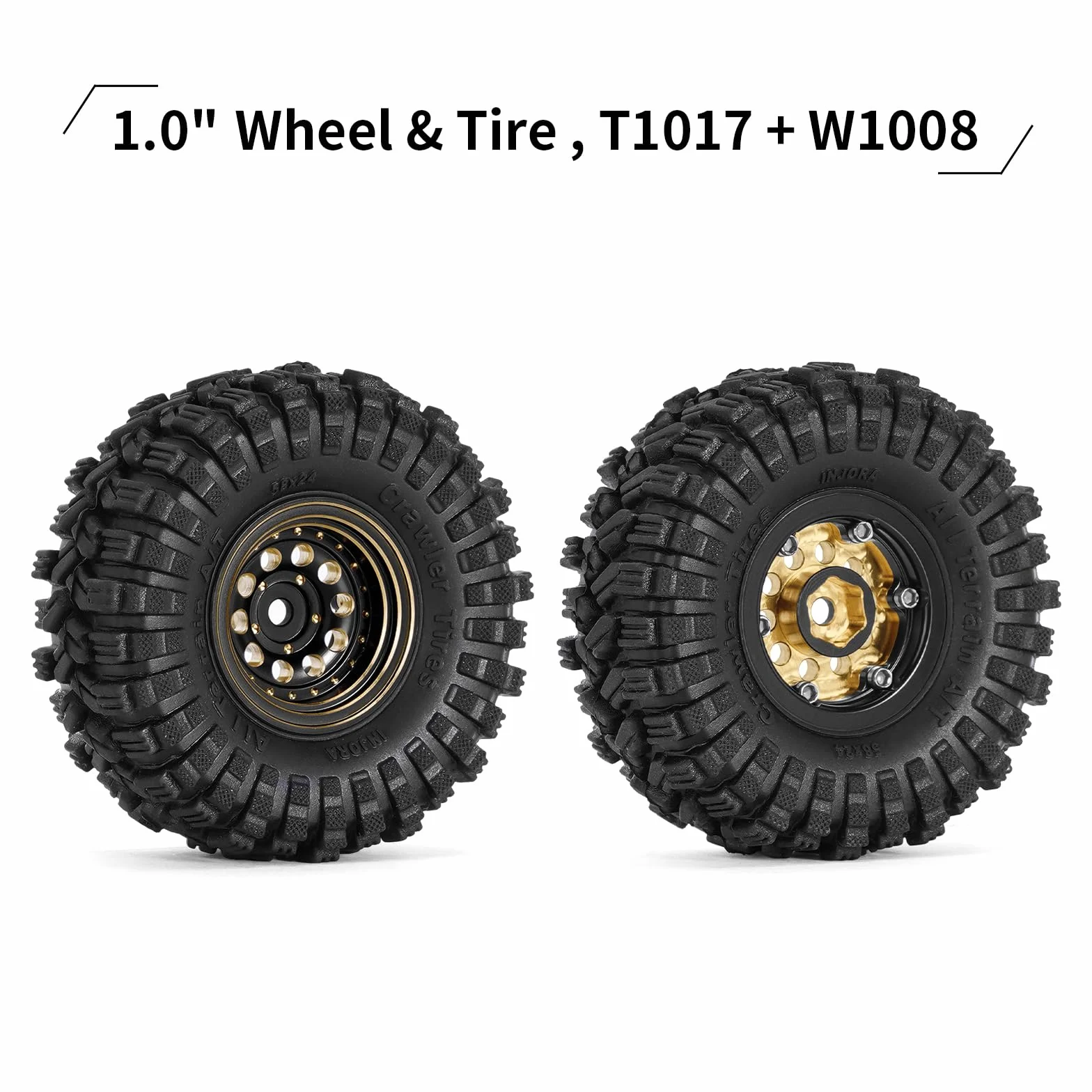 INJORA Czarna powłoka mosiężna 1.0 Beadlock zestaw kół z oponami do Axial SCX24 AX24 TRX4M FCX24 1/24 1/18 RC Crawler