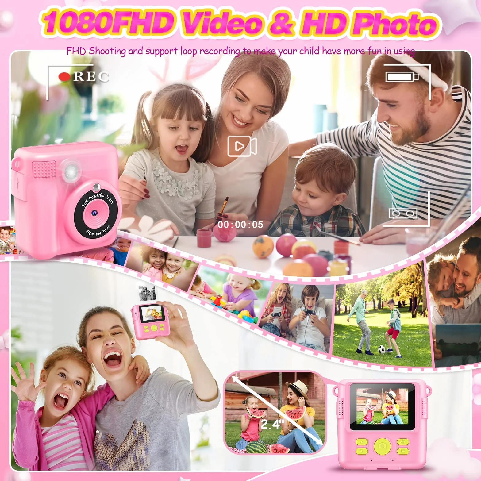 Aparat dla dzieci – aparat natychmiastowy z nadrukiem 1080p – 16 x zoom cyfrowy 2,4" ekran – karta 32 GB – 3 rolki papieru do drukowania – z torbą do przechowywania, prezent na Boże Narodzenie dla