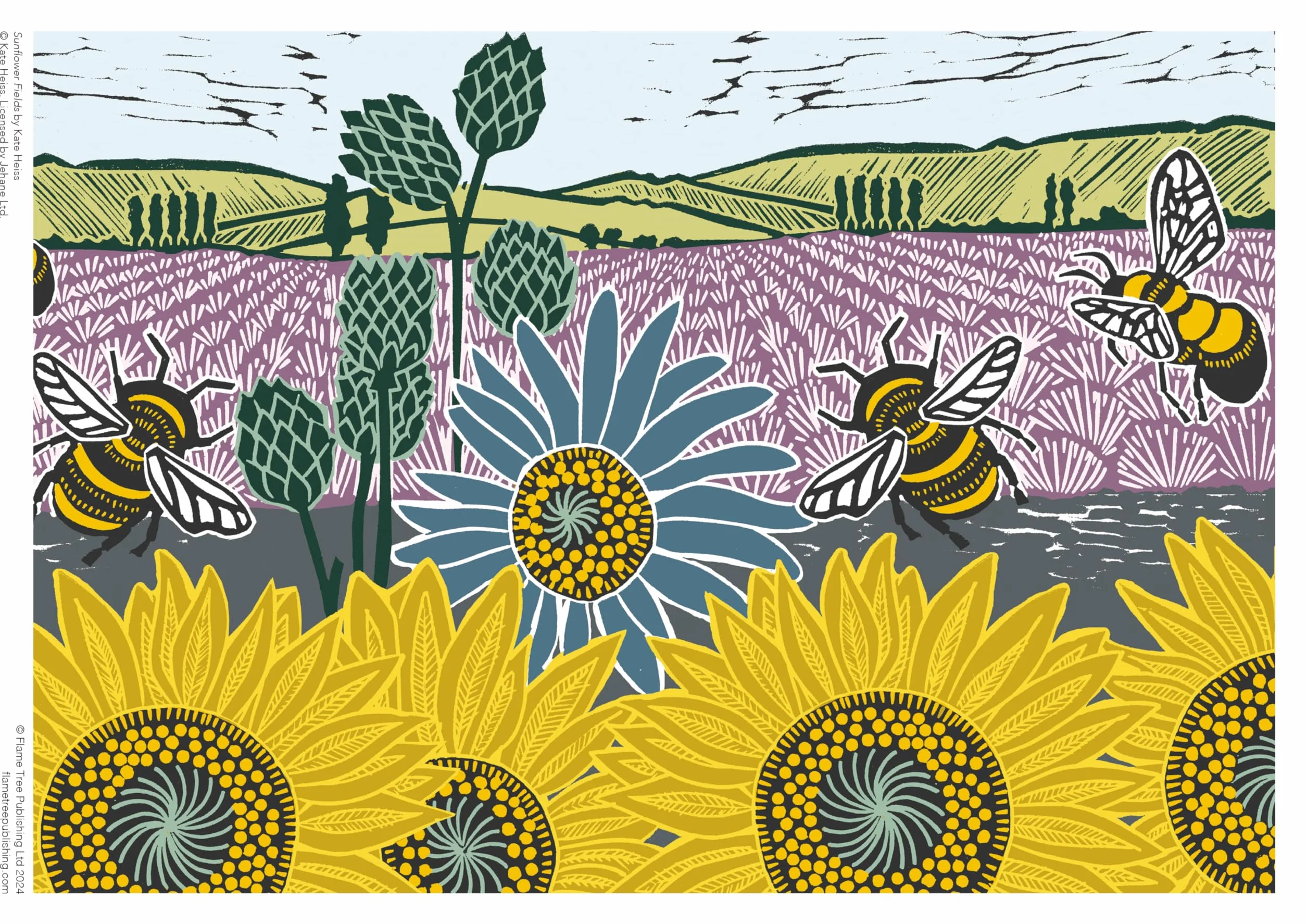 Puzzle – Kate Heiss, Sonnenblumenfeld: Unser faszinierendes, hochwertiges 1.000-teiliges Puzzle (73,5 x 51 cm) in stabiler Kartonverpackung