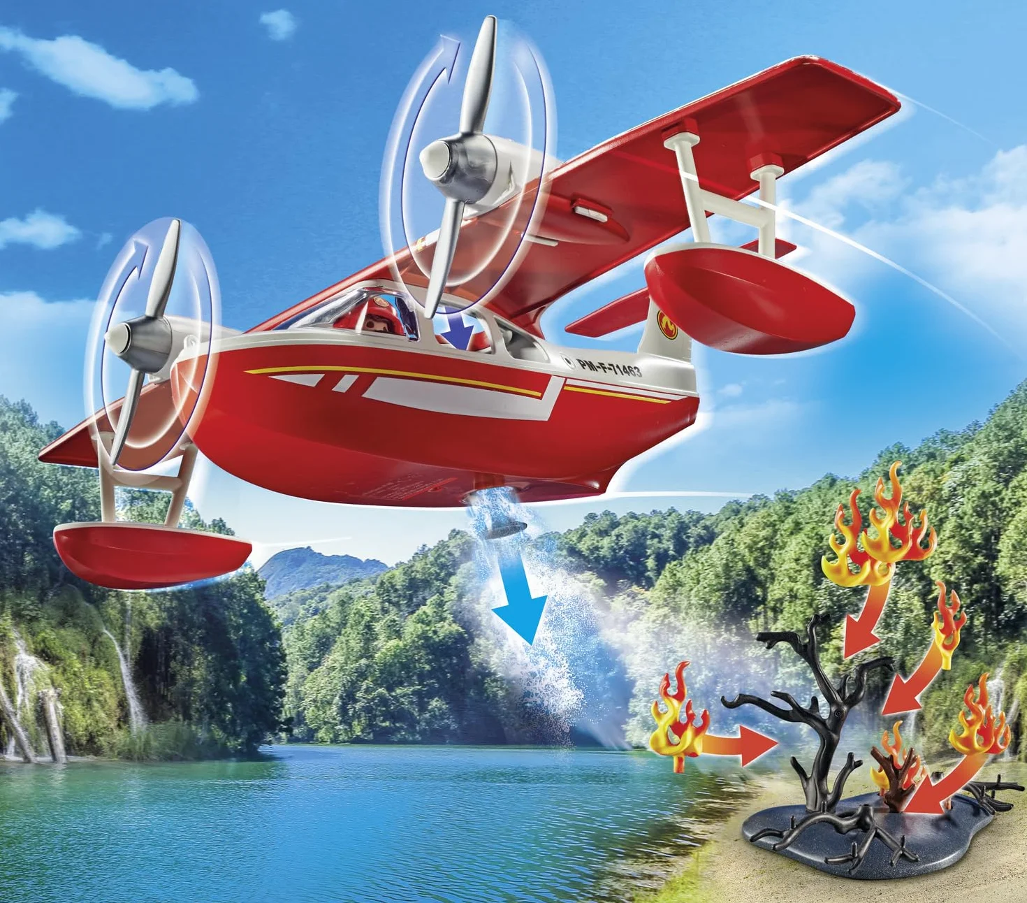 PLAYMOBIL Action Heroes 71463 Samolot straży pożarnej z funkcją gaszenia pożaru, bohaterskie misje ratunkowe. Zabawne i pomysłowe odgrywanie ról, zabawki dla dzieci w wieku od 4 roku życia