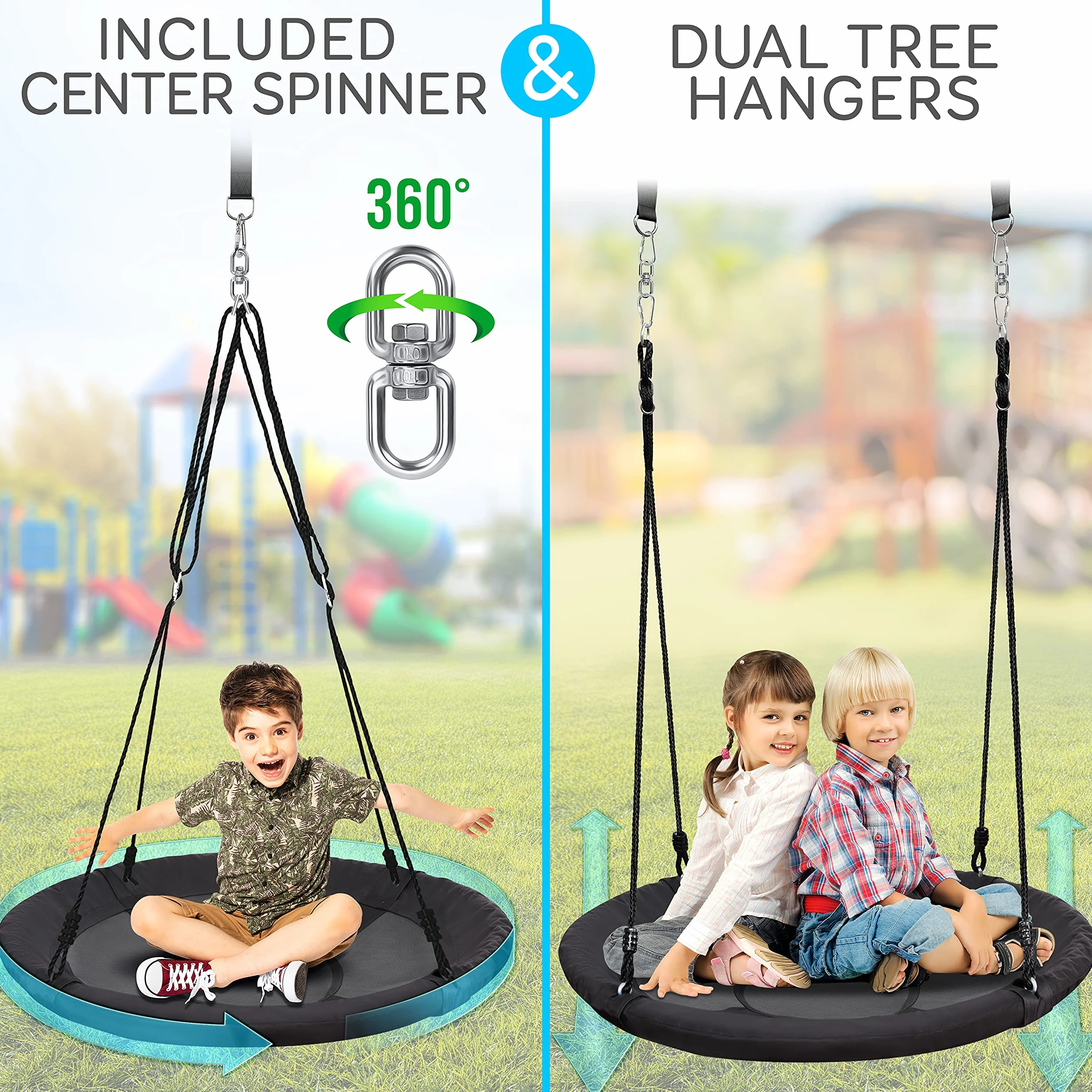 SereneLife 40 Inch Giant Outdoor Saucer Tree Swing with Hang Kit and Center Spinner - Round Hanging Circular Flying Saucer w/Rope Straps & Sturdy Steel Frame, Polyester Fabric Seat for Kids (Black)