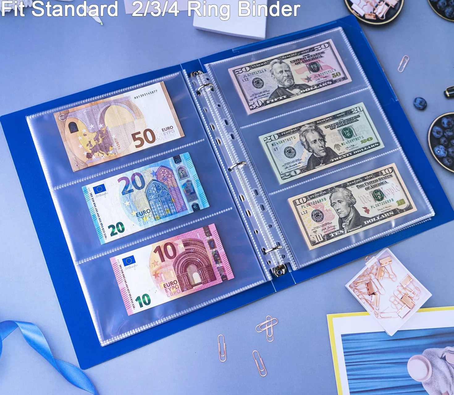 Opakowanie 30 etui na banknoty z 180 kieszeniami z 11 otworami, strona uzupełniająca do albumu do odbioru gotówki, dwustronne arkusze walut z 3 kieszeniami do odbioru euro, papierowe pieniądze