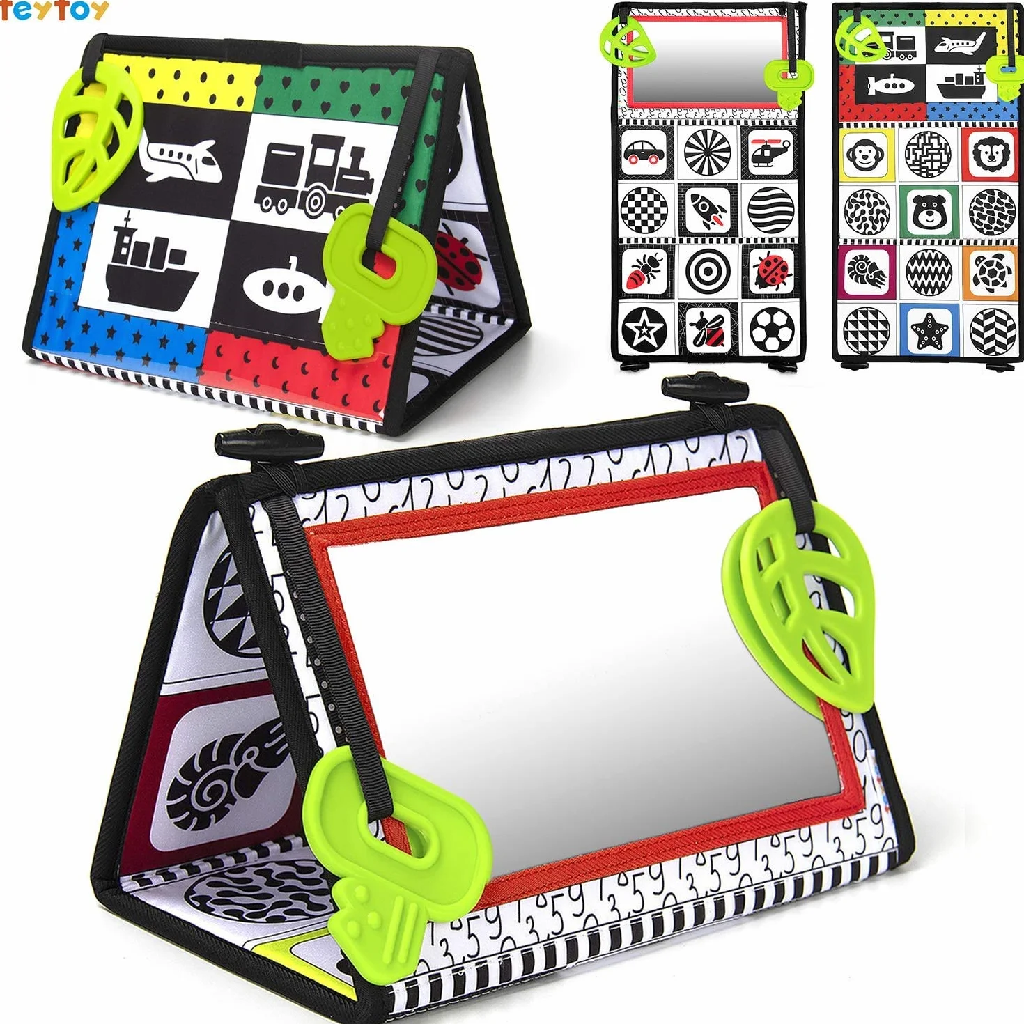 N/A Baby Mirror Flip Tummy Time Floor Lustro składane z wysokimi kontrastowymi wzorami i gryzak lusterko do siedzenia samochodowego dla noworodków odkrycie zabawki dla dzieci