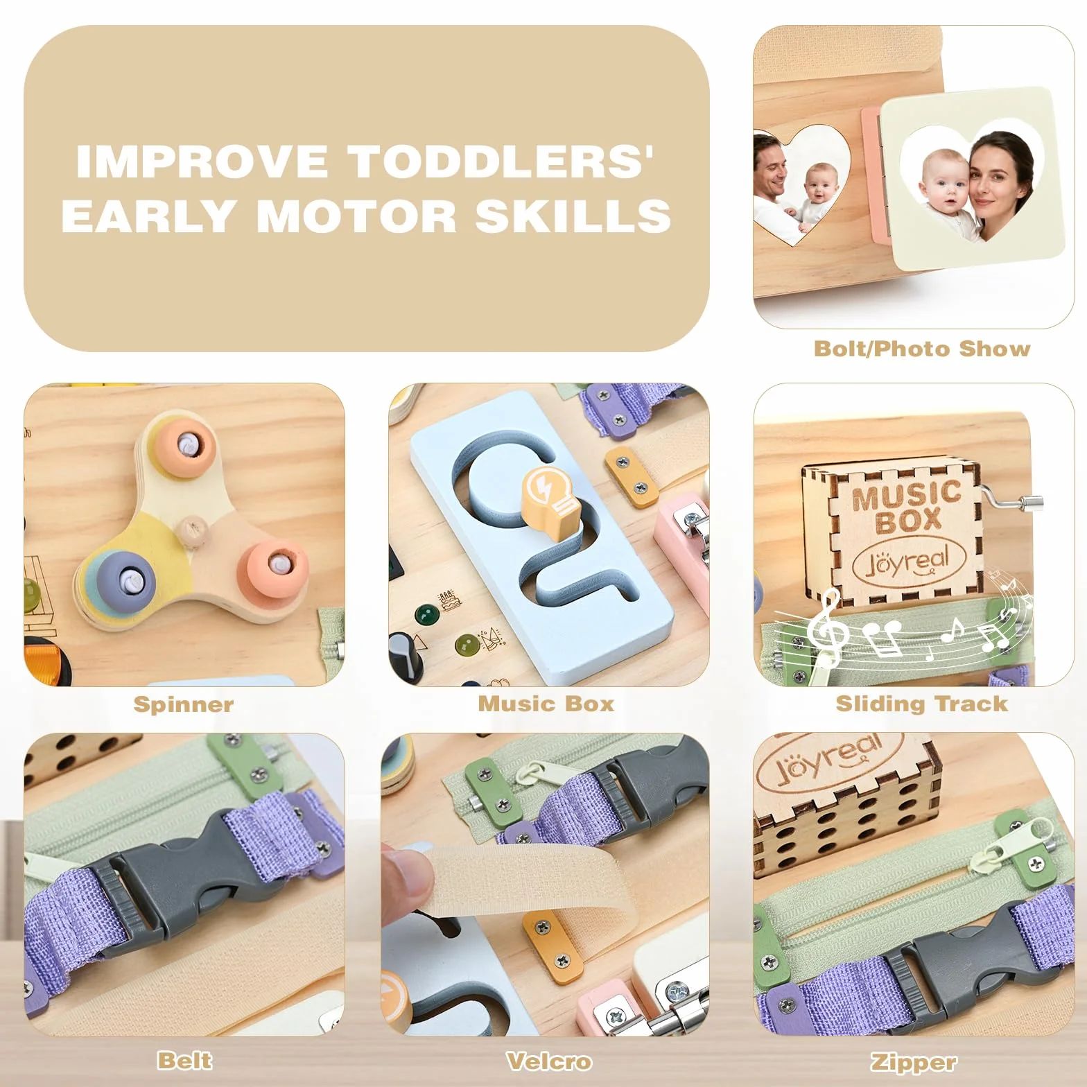 Joyreal Montessori Busy Board 2 w 1 od 1 roku życia, drewniana zabawka motoryczna, sensoryczna zabawka Montessori z 20 diodami LED, 19 motoryki, prezent dla 1, 2, 3 lat, dla chłopców i dziewczynek