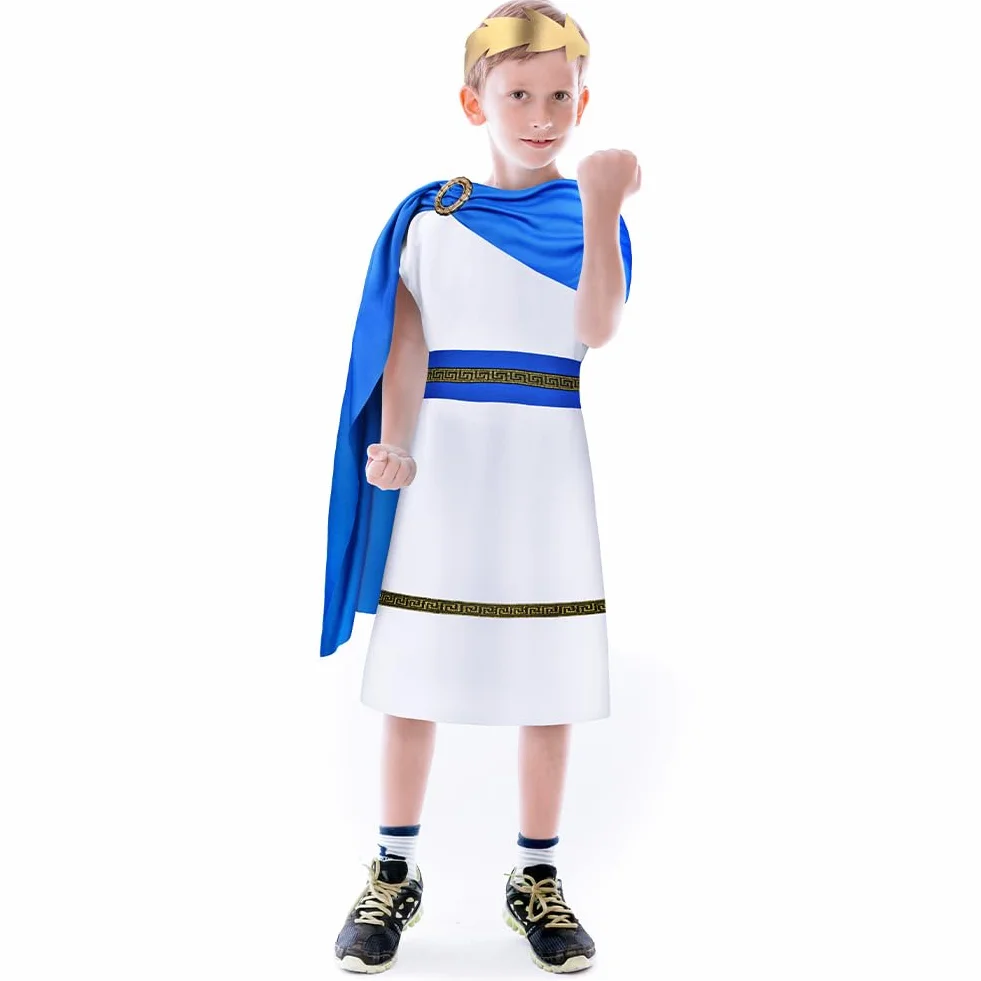AOOWU Kostium rzymski dla dzieci, 4 sztuki, kostium rzymskiego chłopca z paskiem i nakryciem głowy, kostium grecki dla dzieci na Halloween, karnawał lub imprezę tematyczną, cosplay