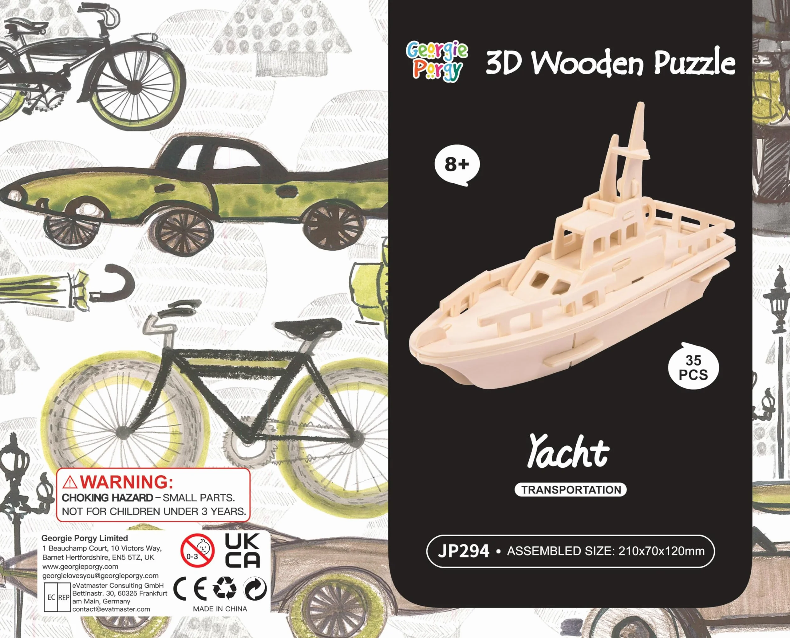 Georgie Porgy Zestaw konstrukcyjny, drewniane puzzle 3D, wycinane drewniane modele dla dzieci, zabawka, zestaw 3 szt. (dwupłatowiec, terenówka, statek ratowniczy)