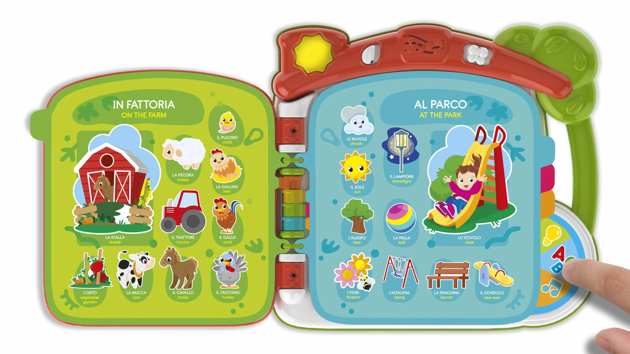 Clementoni Baby Discover the world in 100 worlds - interactive book 1 year electronic speaking, edukacyjna dwujęzyczna książka dla dzieci, dwujęzyczny dźwięk dotykowy, nauka włoskiego i angielskiego,