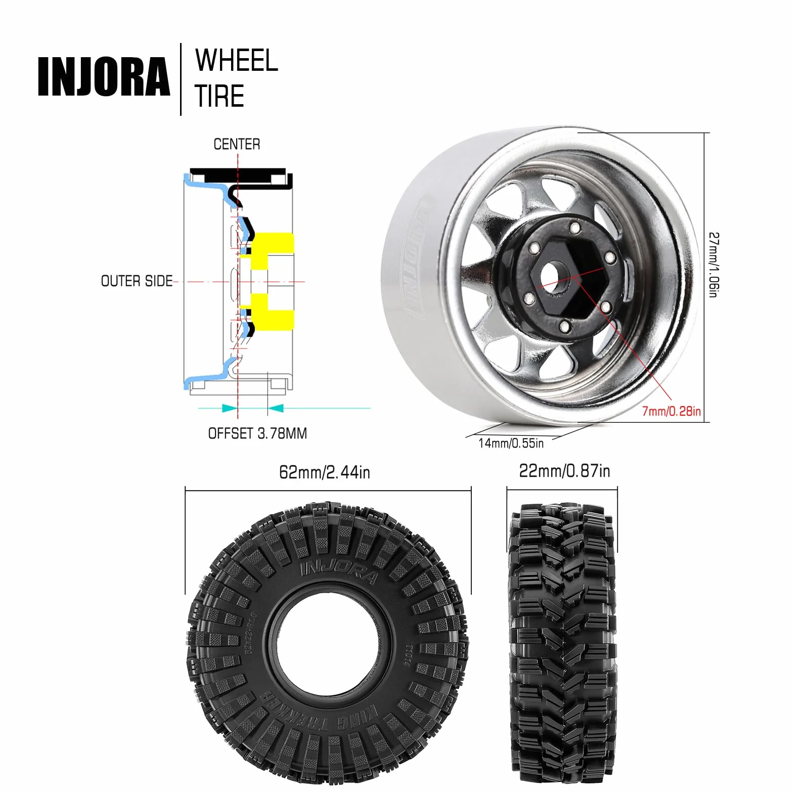 INJORA Opona Beadlock 1,0" Beadlock Sat -3,78 mm offset do 1/18 1/24 RC Crawler Auto Axial SCX24 FMS FCX24 TRX4M, srebrna (W1004-T1014)