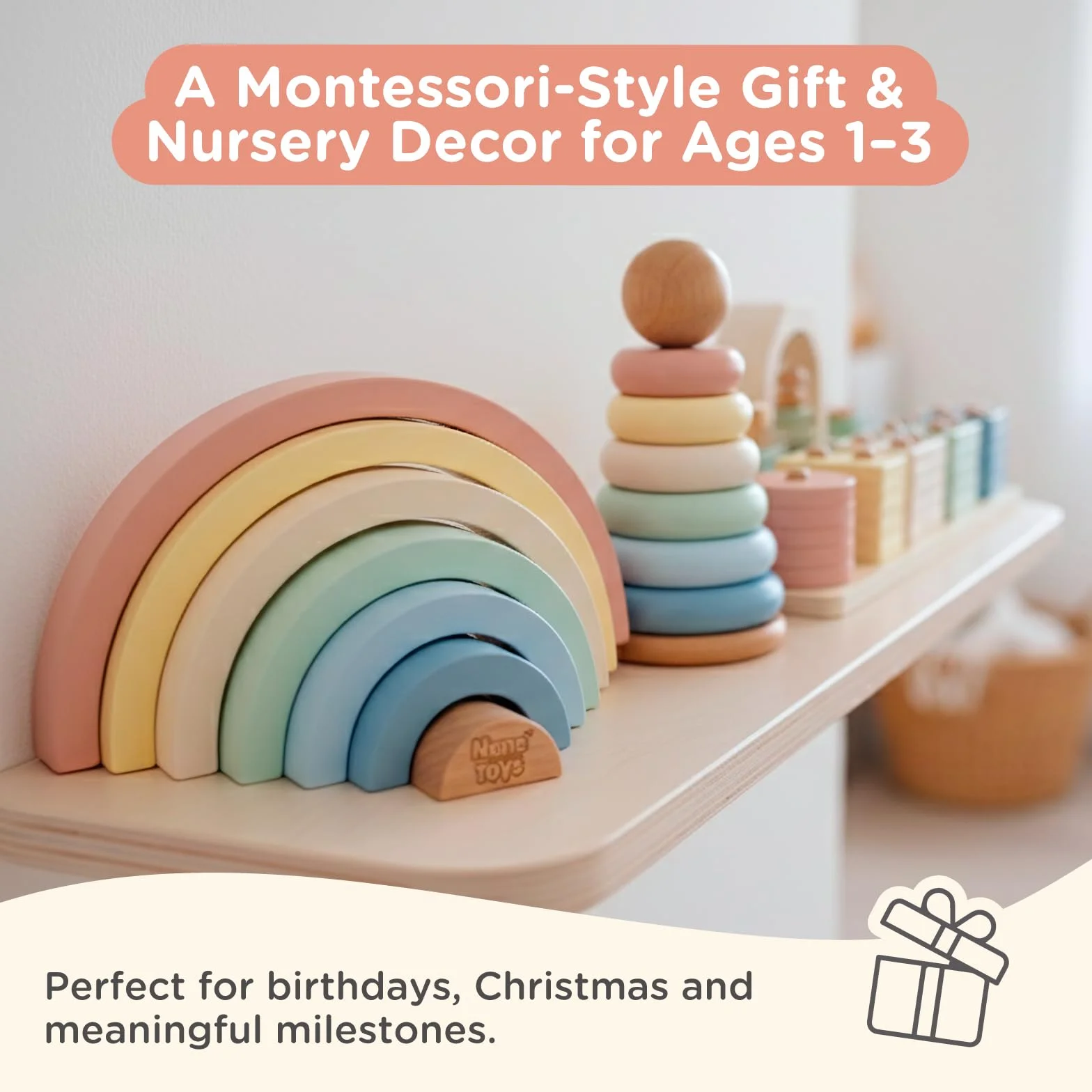 Nene Toys Drewniana Zabawka Montessori 3-w-1 dla Dzieci 1–3 Lata – Tęcza, Wieża do Układania i Sorter Kształtów – Pastelowe Kolory