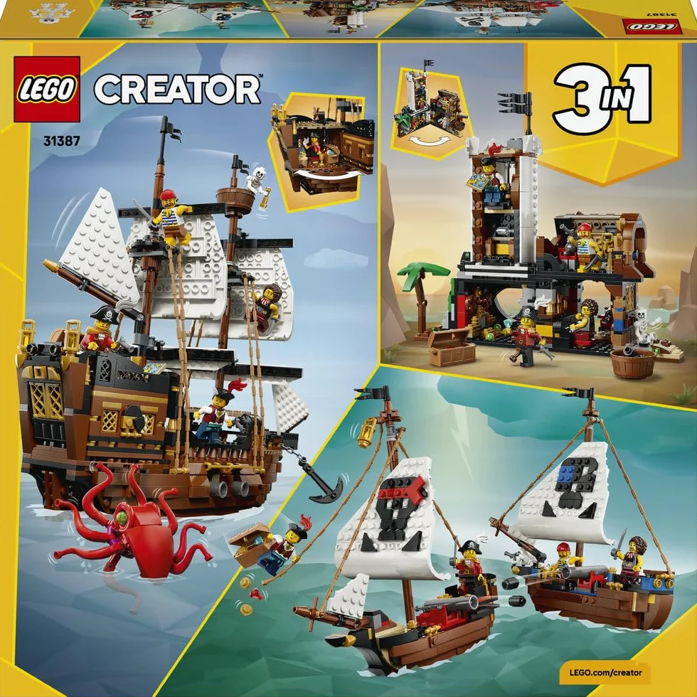 LEGO Creator 3 w 1 Legendarny statek piracki, zabawka konstrukcyjna dla chłopca lub dziewczynki, możliwość przebudowania na zamek lub bliźniacze statki, prezent dla dzieci w wieku od 9 lat 31387