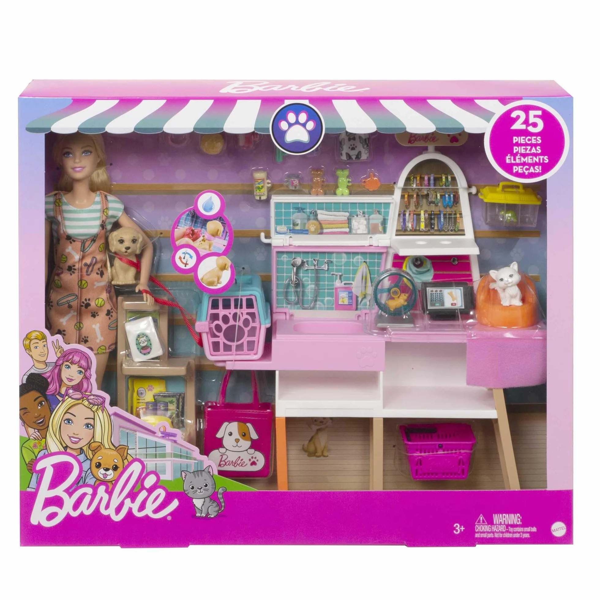Barbie Grg90 Zestaw dla Lalek i Salonów dla Zwierząt z 4 Zwierzakami, Zmieniająca Kolor Funkcja Pielęgnacji, Prezent dla Dzieci 3-7 Lat