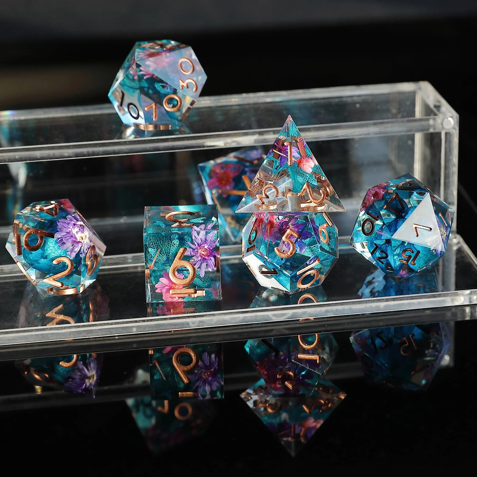 Flower DND Dice Set 7 szt. D4 D6 D8 D10 D12 D20 D% wielościenne ręcznie robione kości D&D z żywicy do lochów i smoków Pathfinder Roll Playing Table Games RPG MTG Games with Gift Box