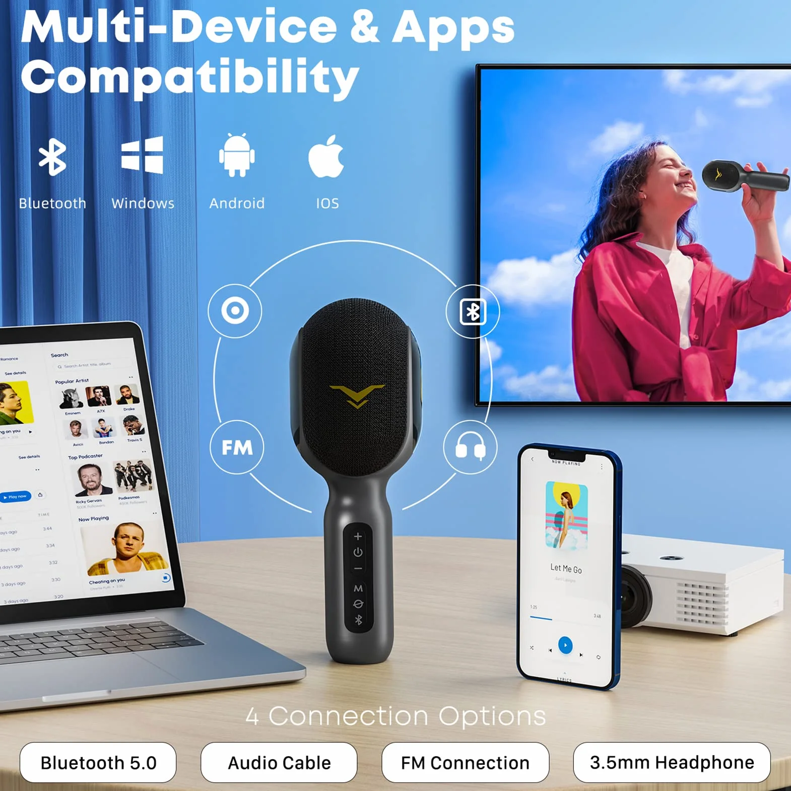 StageSound Mikrofon do karaoke, bezprzewodowy Bluetooth LED, przenośny zestaw dla dzieci, nagrywanie muzyki, tryb akompaniamentu, domowe urządzenie do karaoke, kompatybilny z systemem iOS Android FM w