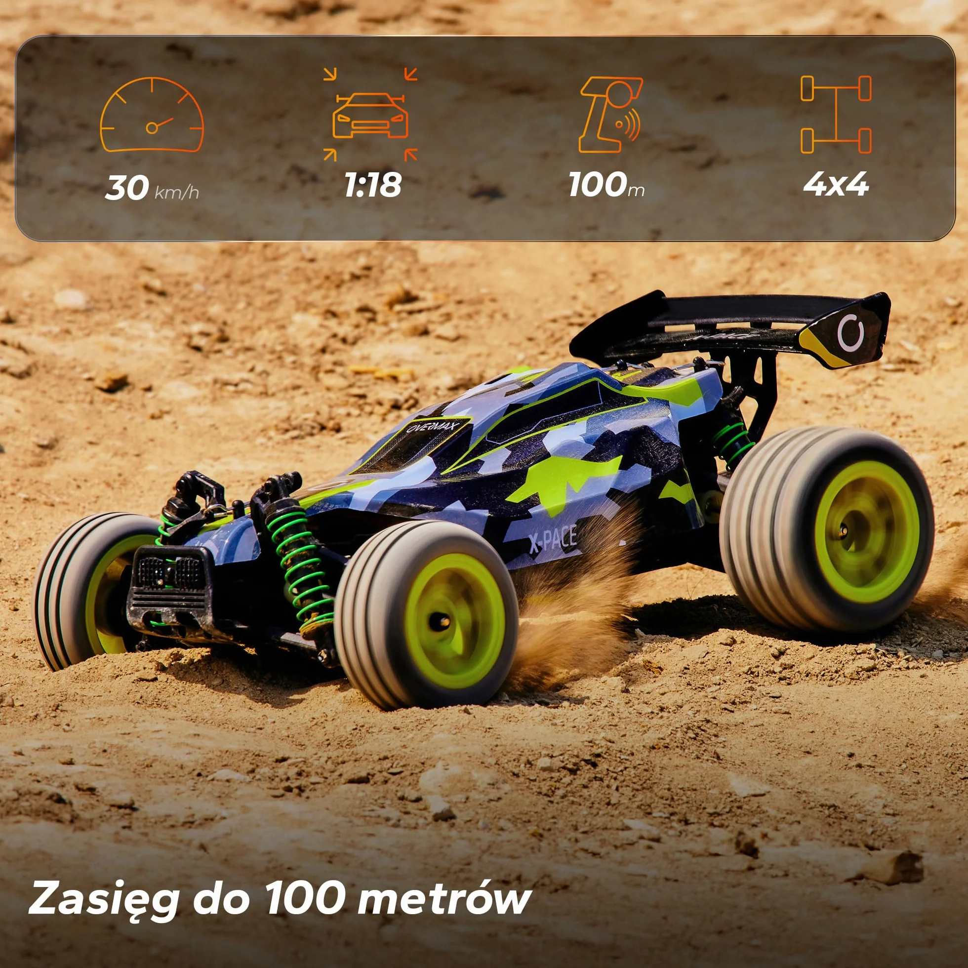 OVERMAX X-Pace 4x4 Samochód Zdalnie Sterowany 1:18 45km/h 100m Bateria Li-ion 850mAh LED