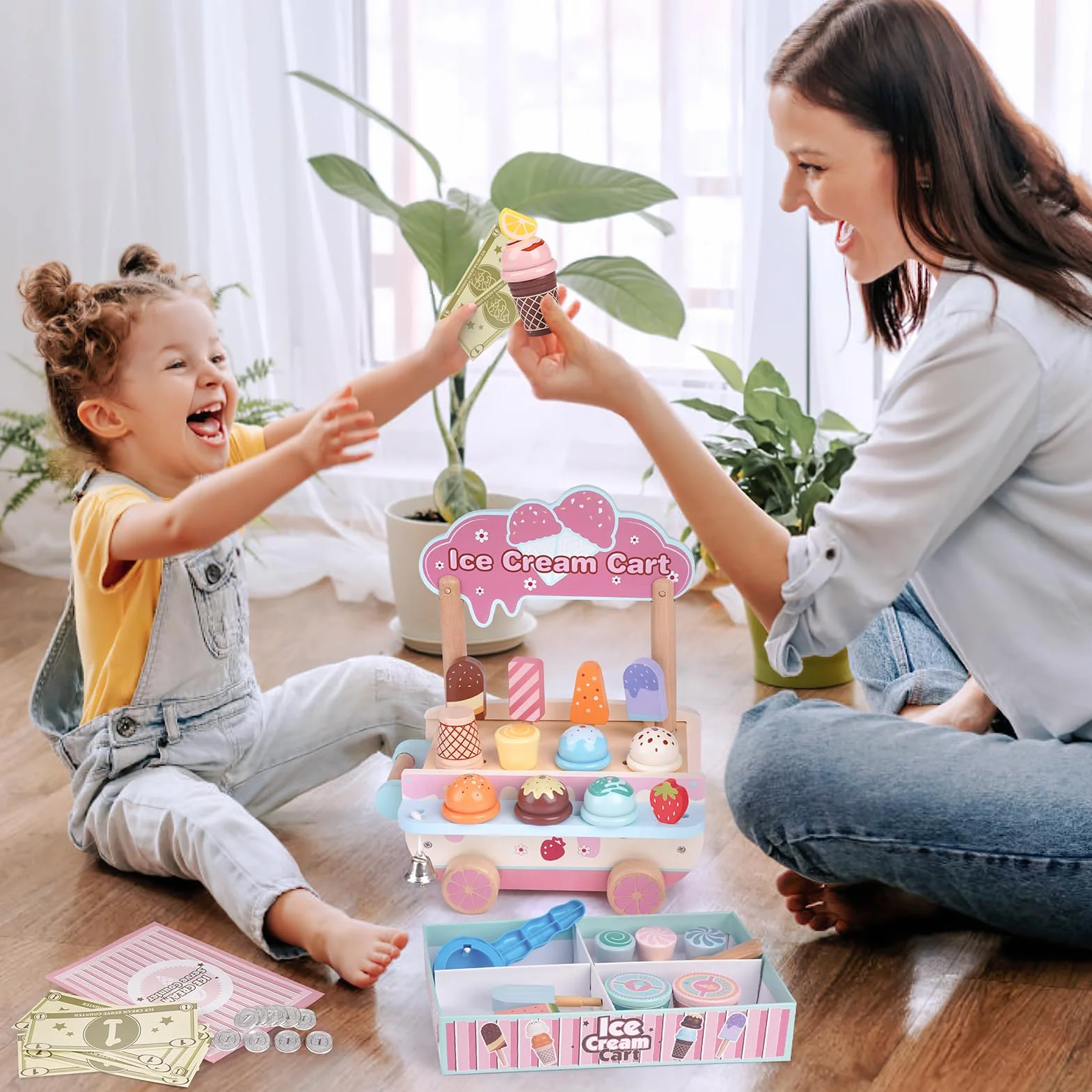 Dreamon Lodziarnia drewniana zabawka dla dzieci w wieku od 3, 4, 5 lat, drewniana zabawka do zabawy, akcesoria do zabawy, sklep z drewnem, dla dzieci, wózek do lodów, zabawka na prezent dla chłopców i